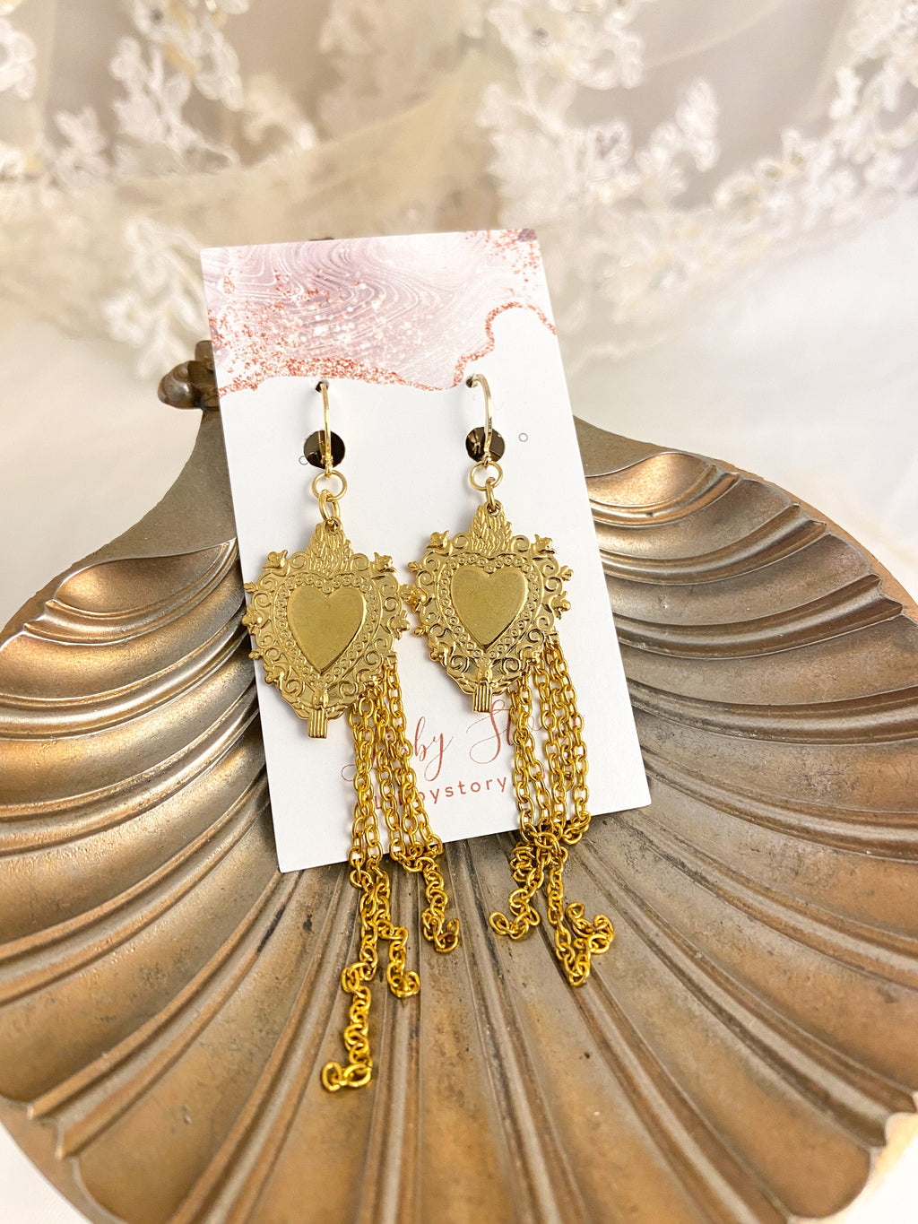 LS Heart Shield Chain Earrings