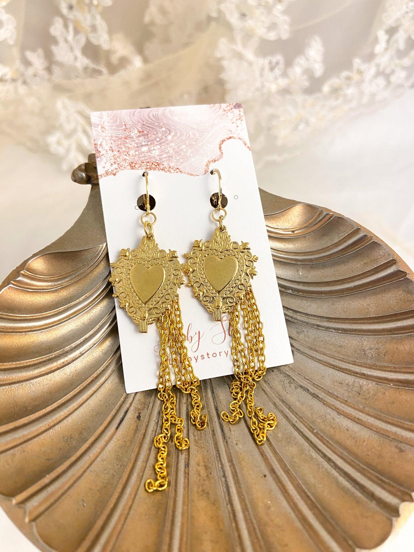 LS Heart Shield Chain Earrings