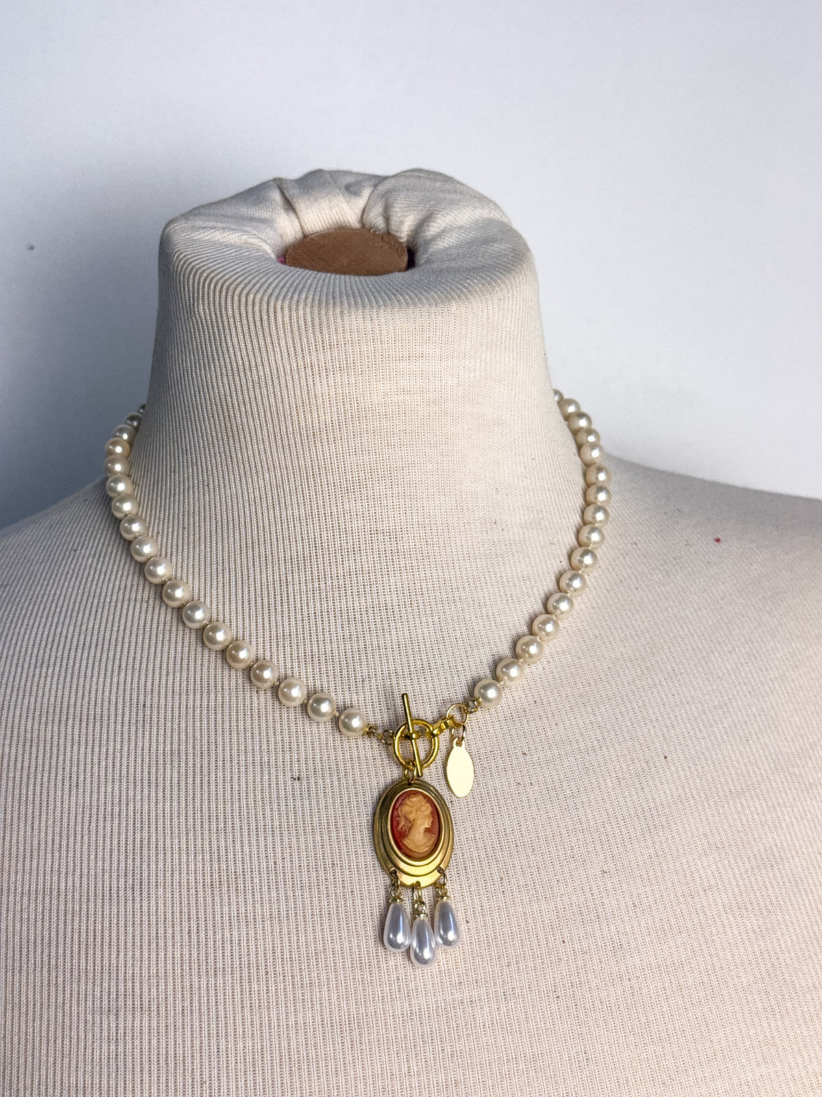 OOAK Vintage Pearl & Resin Cameo Necklace w/ Pearl Fringe
