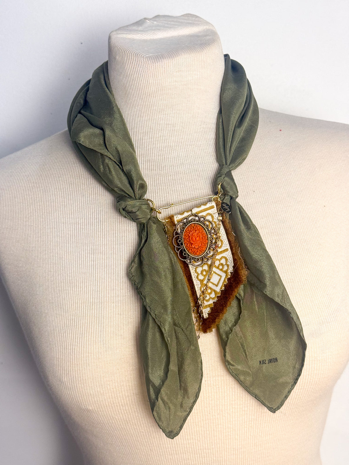 OOAK Vintage Silk Scarf & Handmade Cameo Broach Necklace