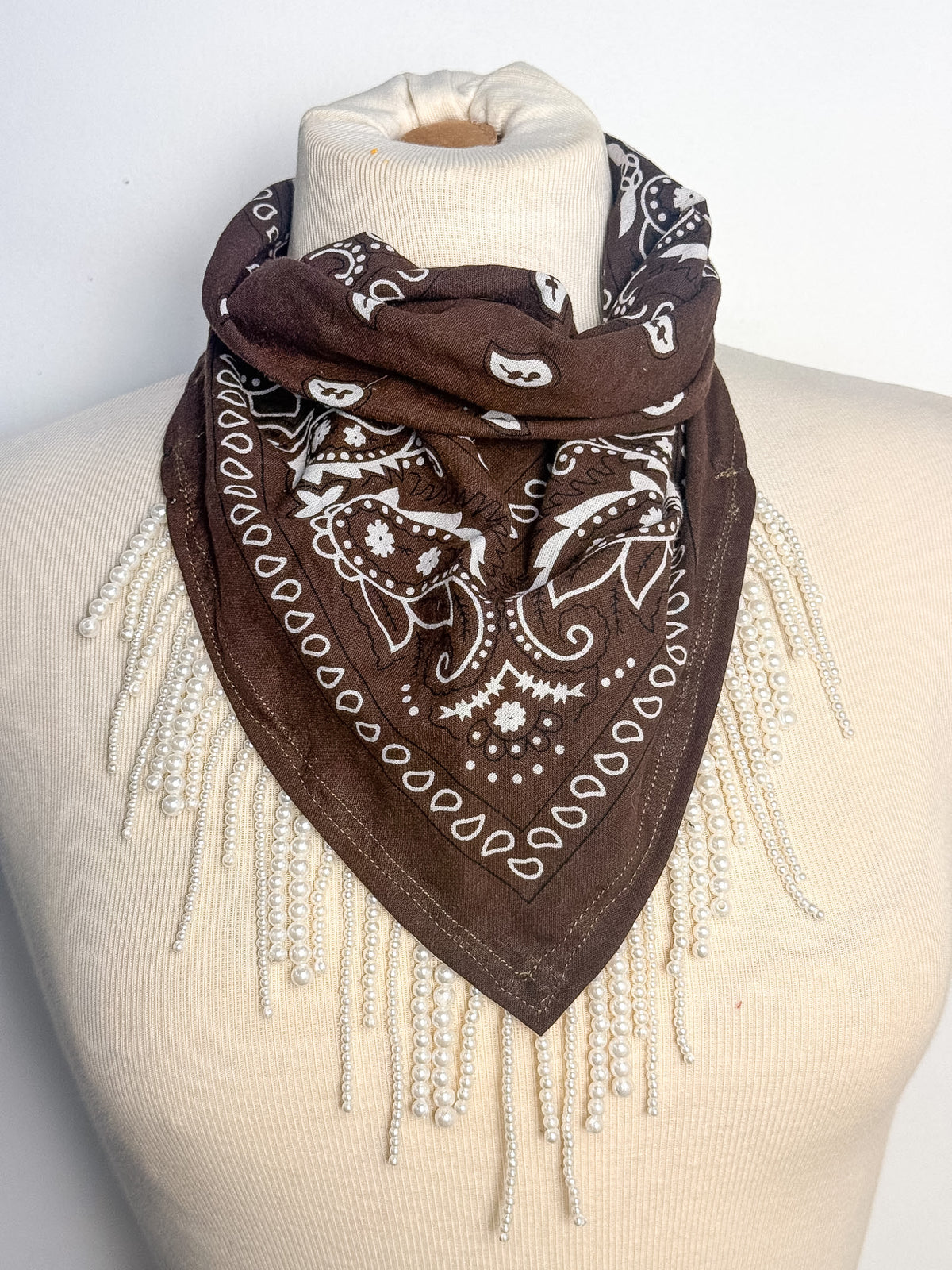 OOAK Chocolate & Pearls Fringe Bandana