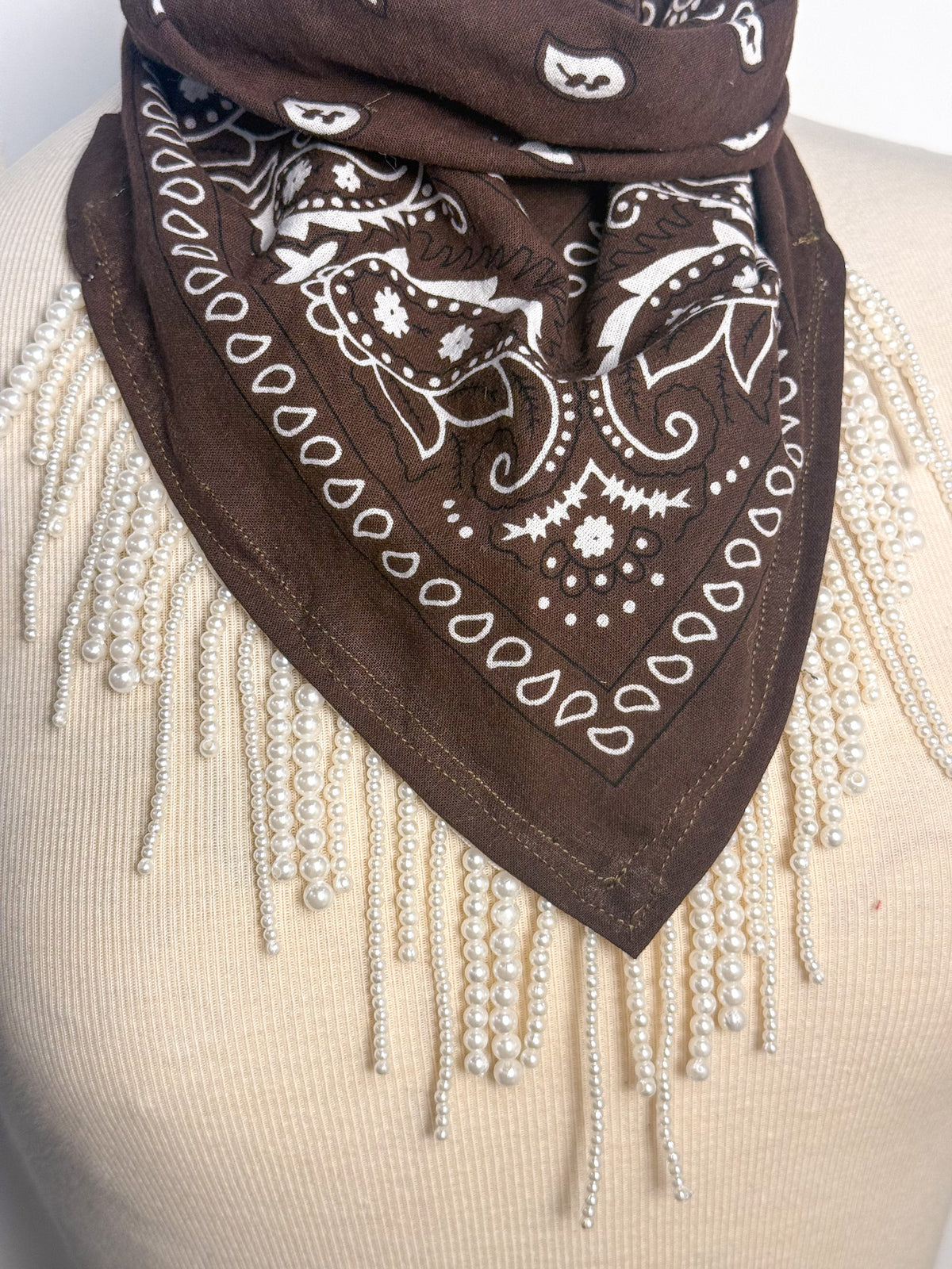 OOAK Chocolate & Pearls Fringe Bandana