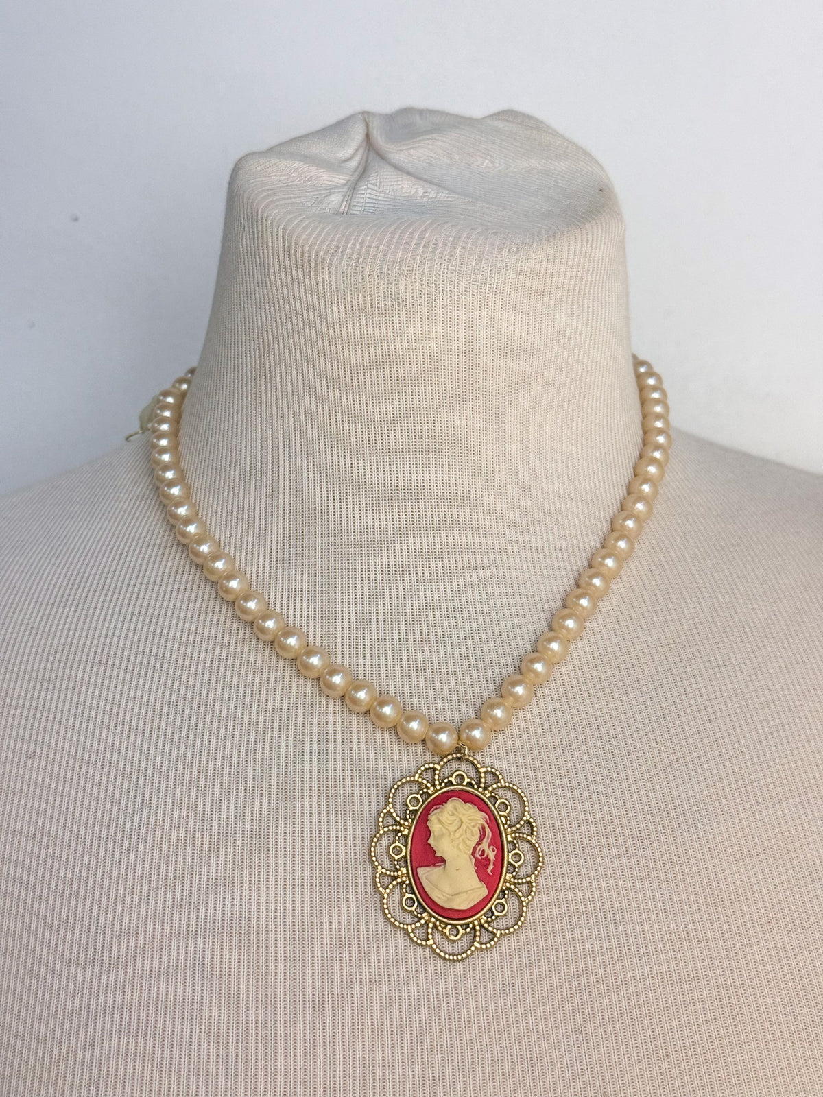 Handmade Vintage Red Cameo Pearl Necklace