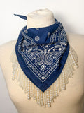 OOAK Navy & Pearls Fringe Bandana