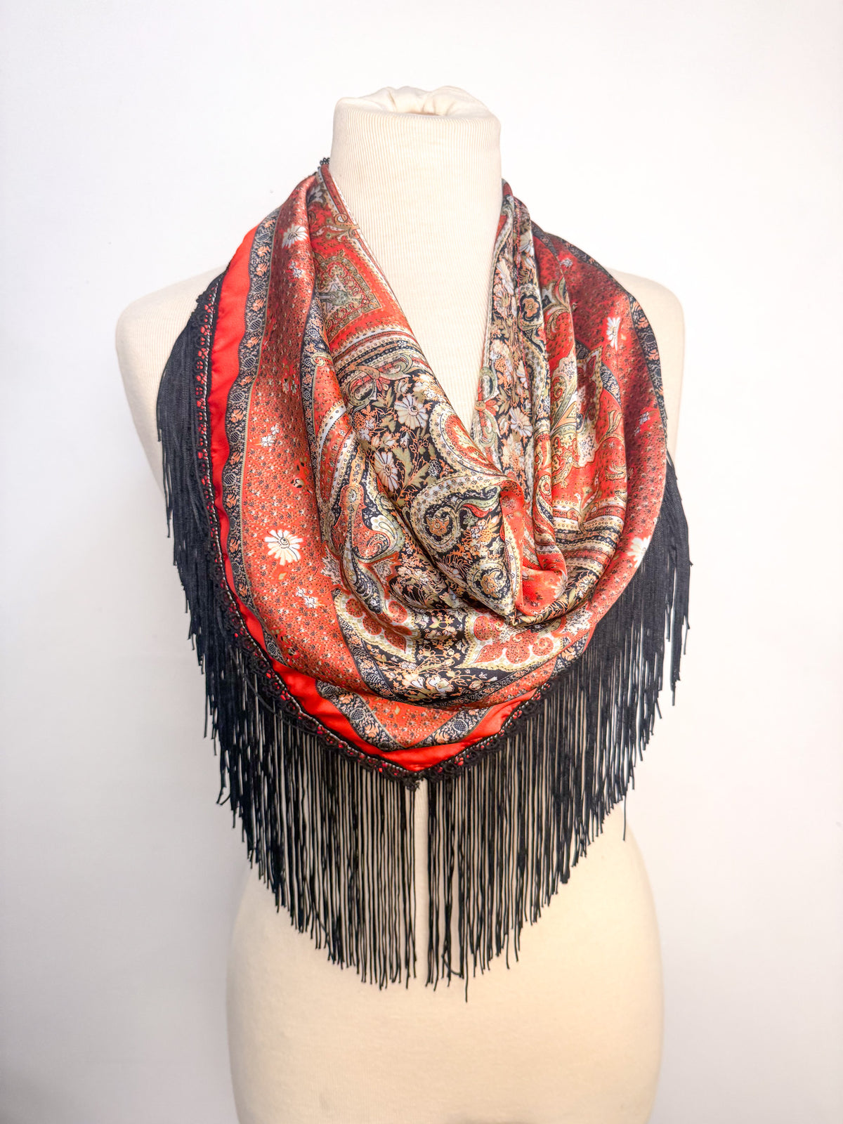 Handmade Vintage Lace & Fringe Satin Scarf