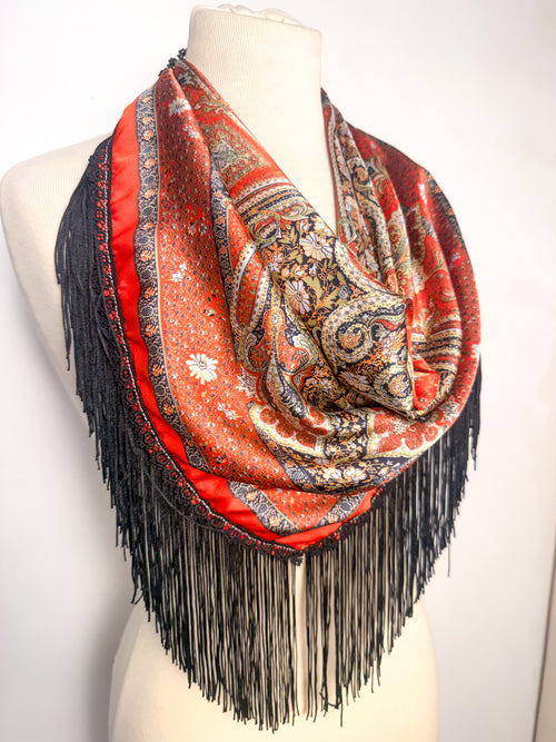 Handmade Vintage Lace & Fringe Satin Scarf