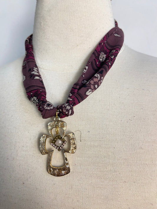 OOAK Vintage Cross with Charm Scarf Necklace
