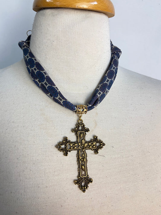 OOAK Vintage Silk Tie & Cross Scarf Necklace