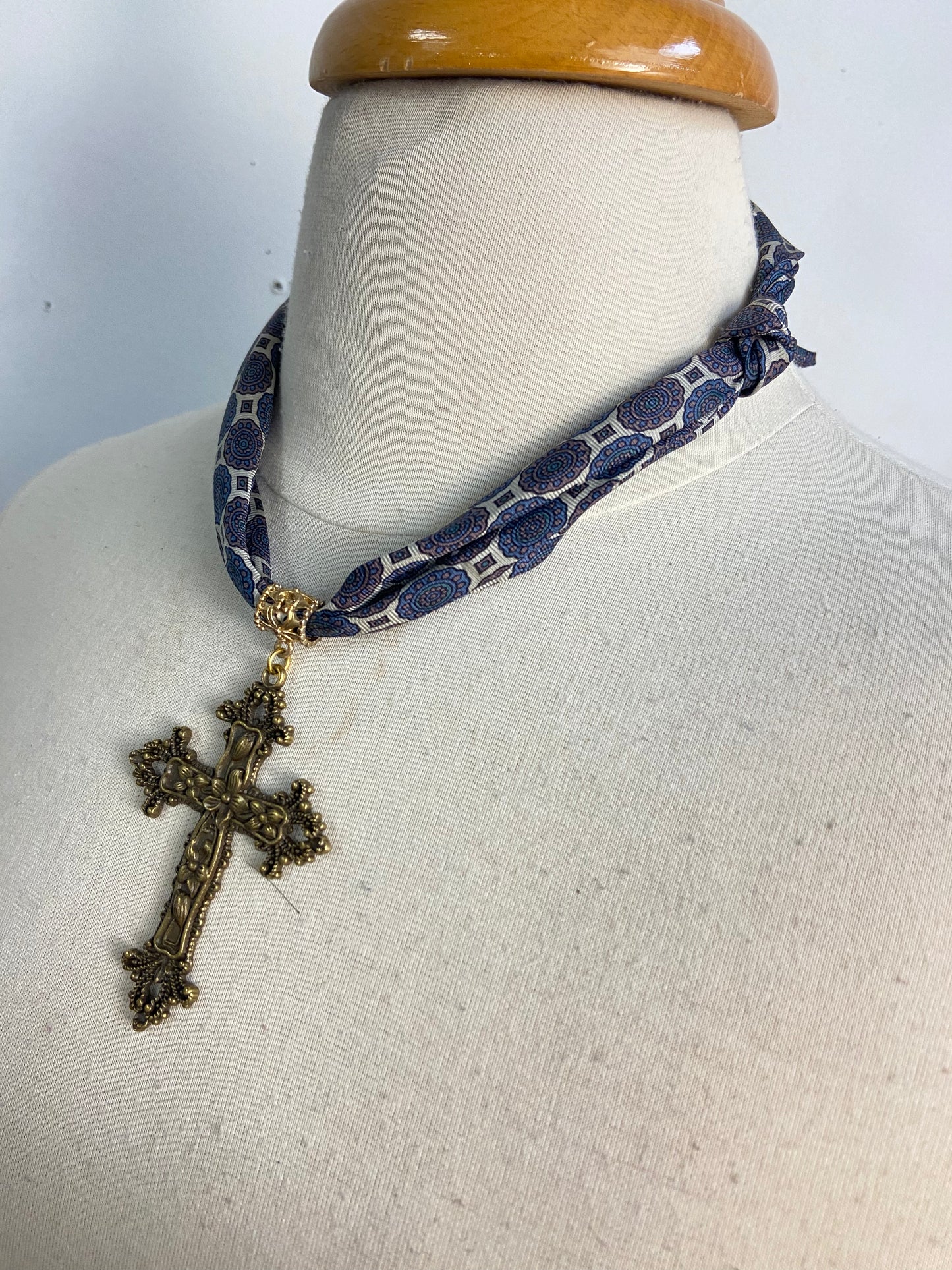OOAK Vintage Silk Tie & Cross Scarf Necklace