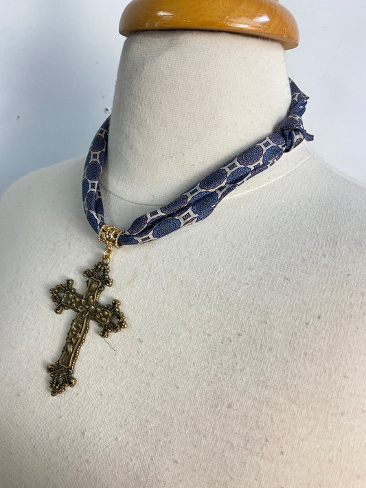 OOAK Vintage Silk Tie & Cross Scarf Necklace