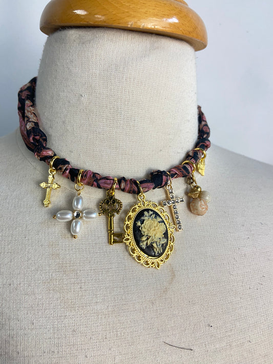 OOAK Cameo Charm Scarf Necklace