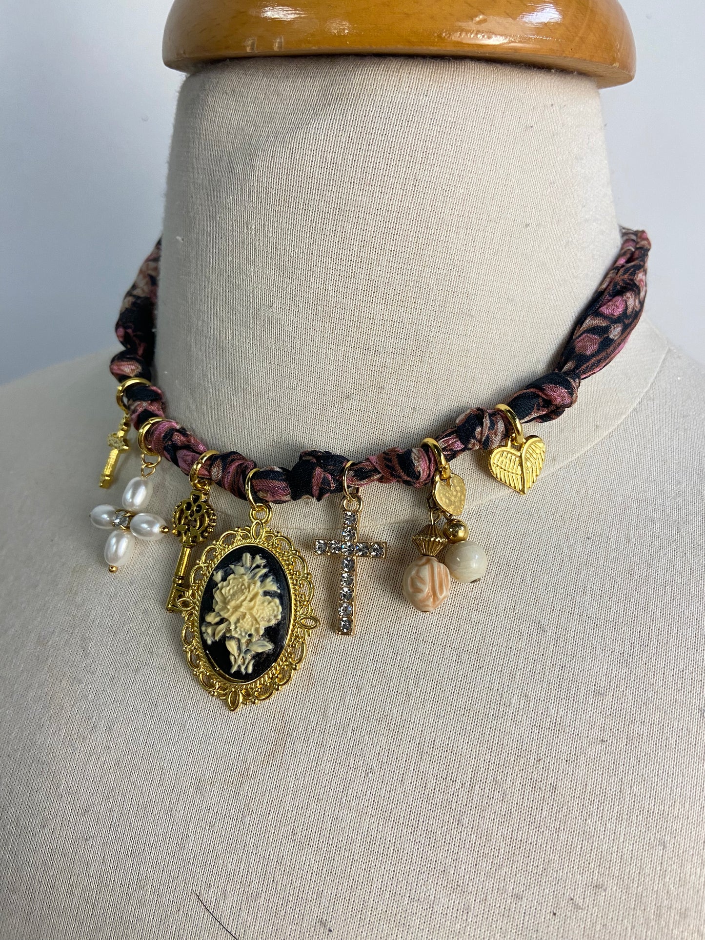 OOAK Cameo Charm Scarf Necklace