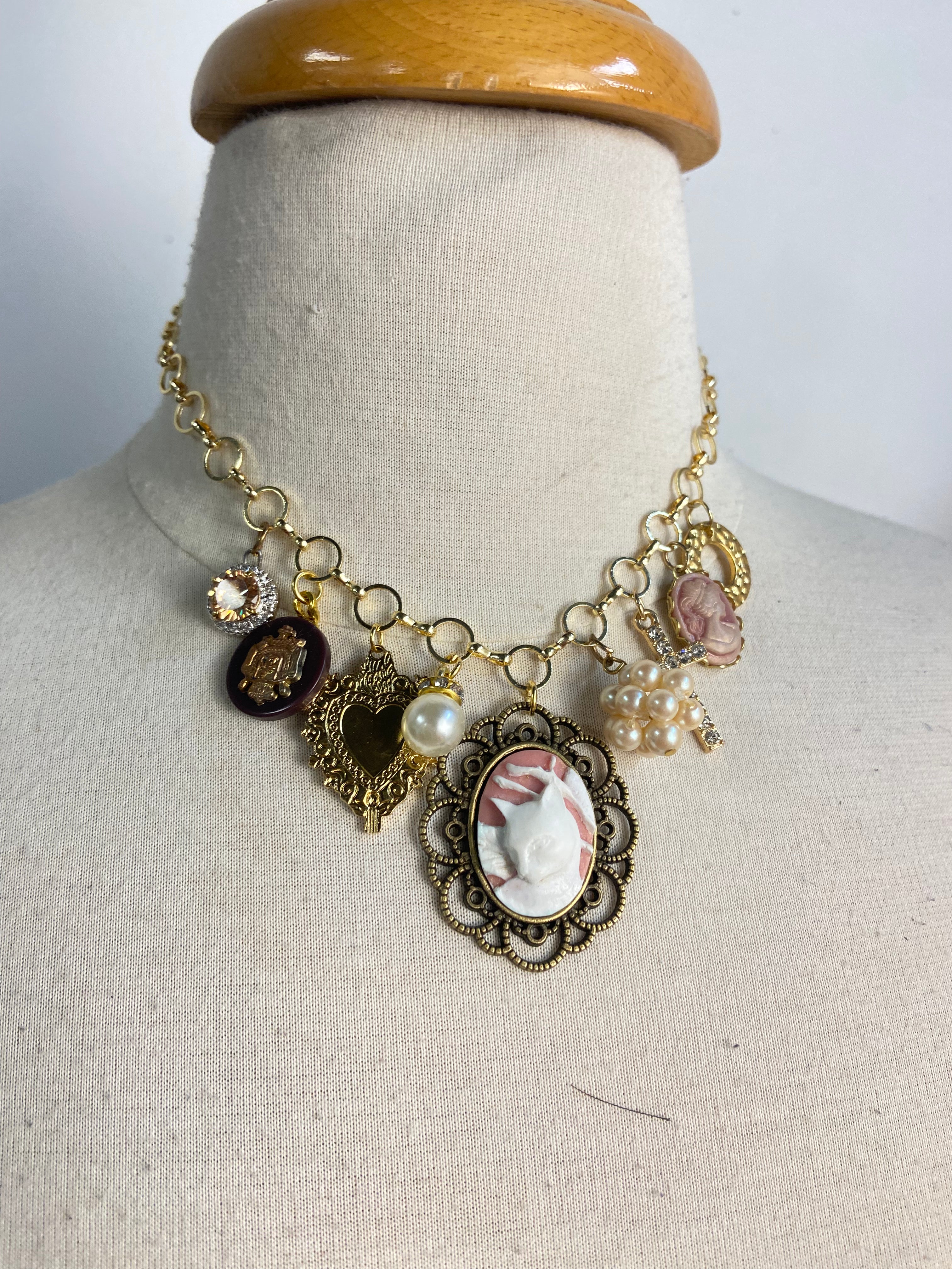 OOAK Cat Cameo Charm Necklace