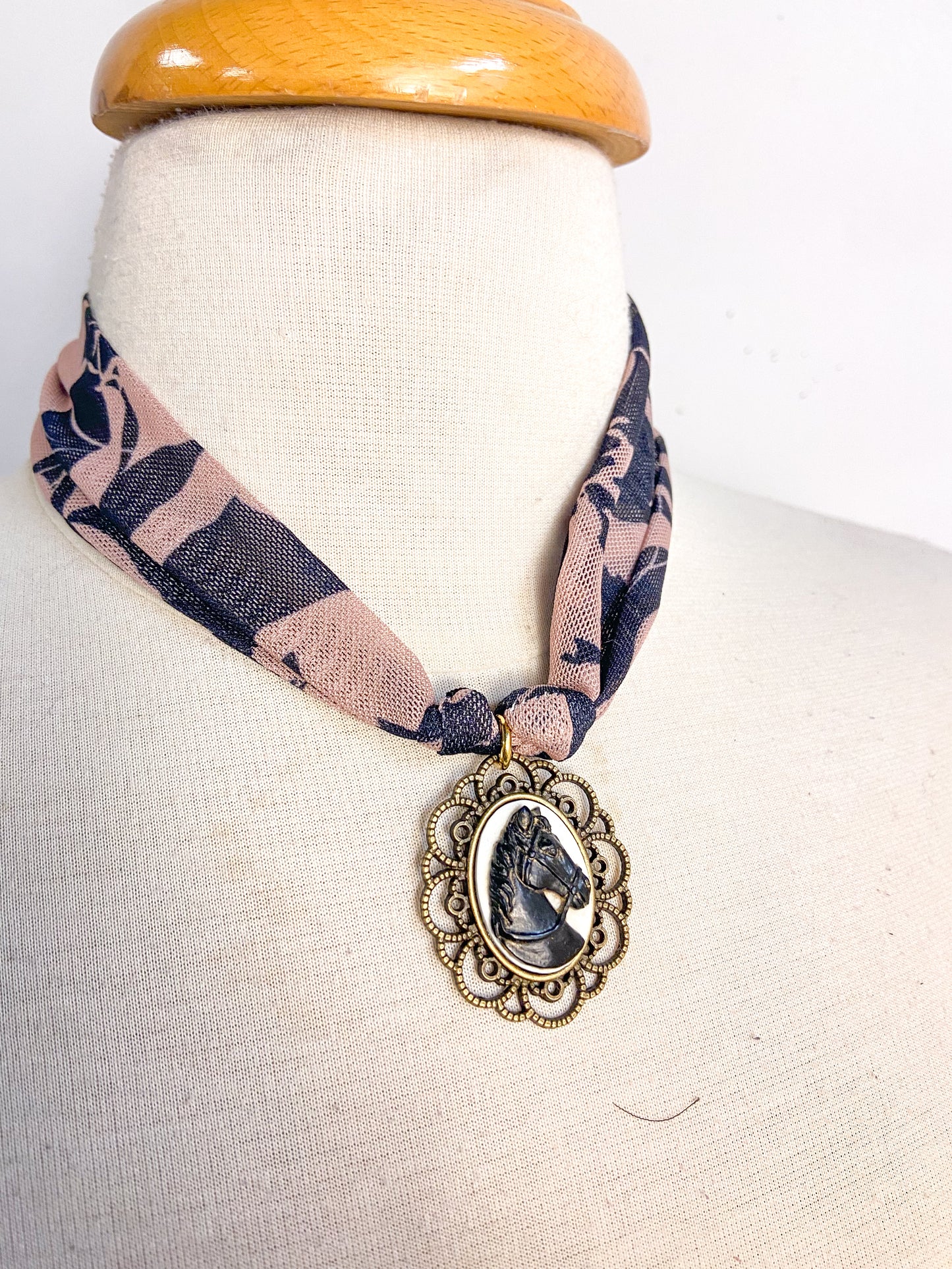OOAK Scarf Necklace w/ Horse Head Cameo