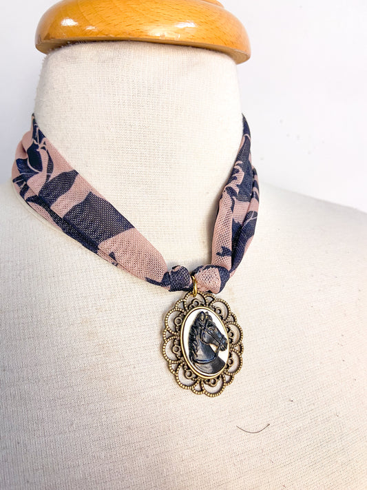 OOAK Scarf Necklace w/ Horse Head Cameo