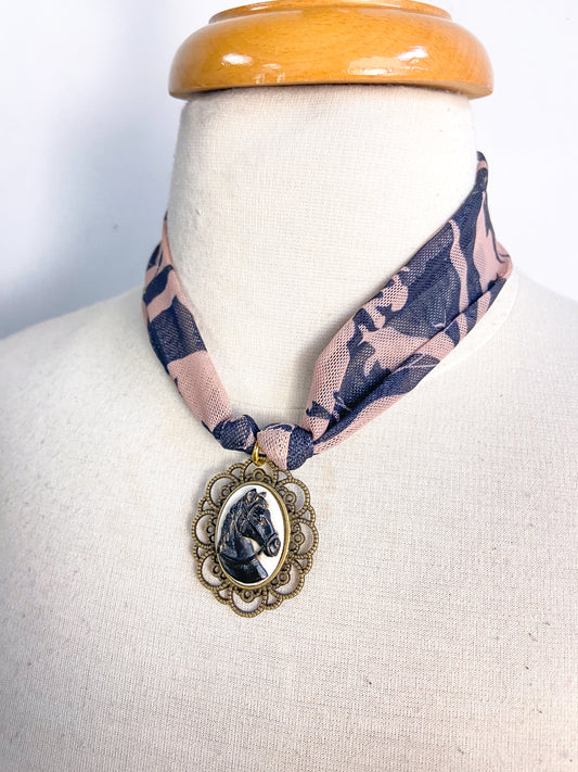OOAK Scarf Necklace w/ Horse Head Cameo