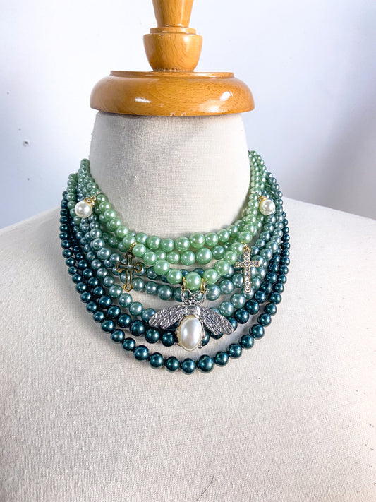 OOAK Vintage Shades of Green Pearl Necklace