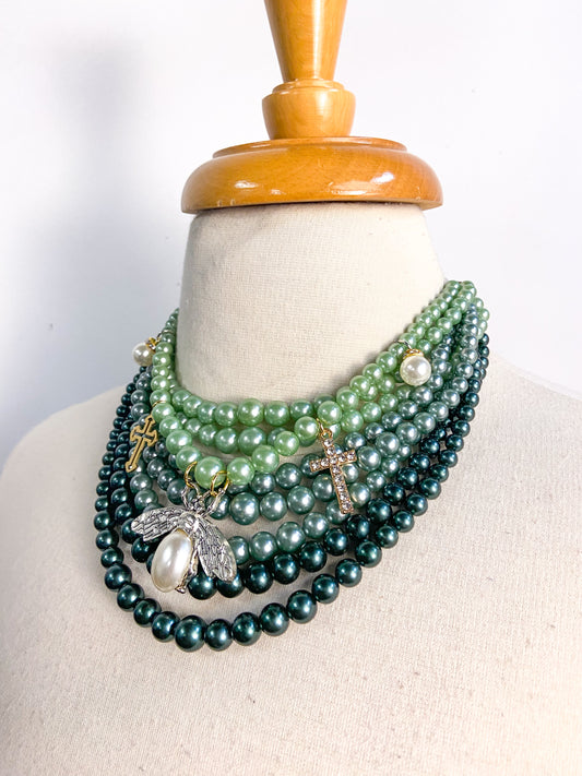 OOAK Vintage Shades of Green Pearl Necklace