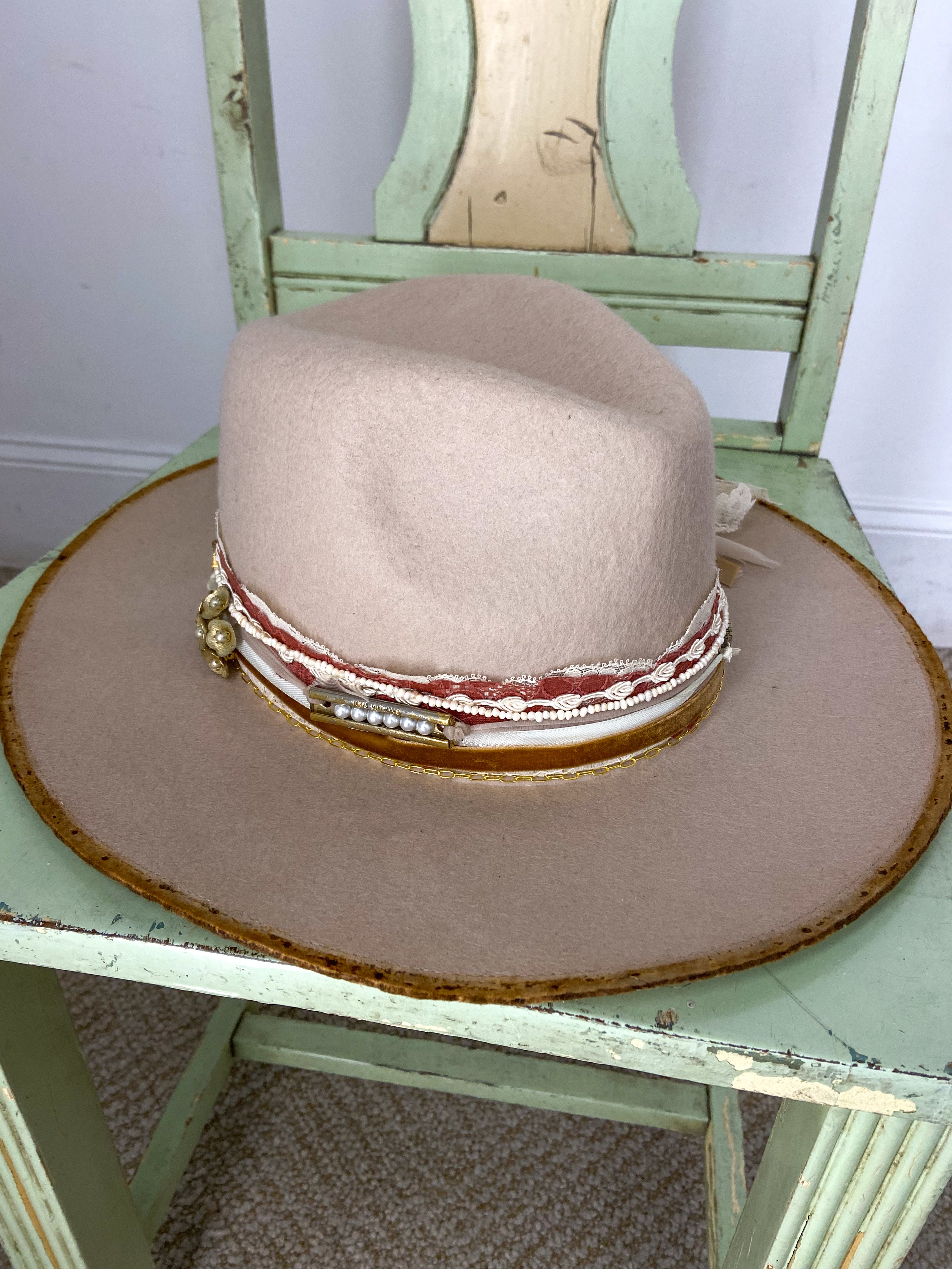 OOAK DISTRESSED 100% WOOL LACE TRIM HAT