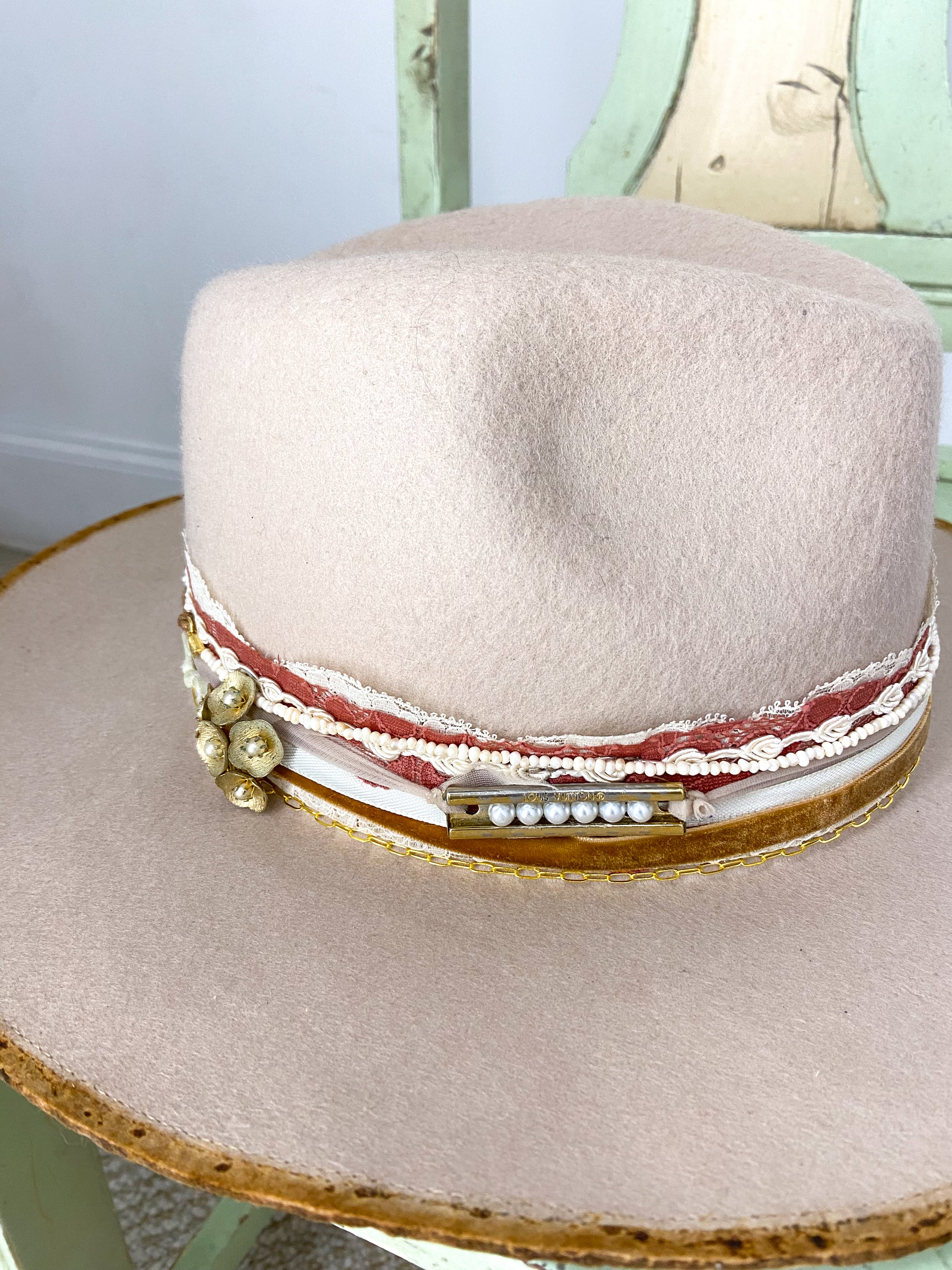 OOAK DISTRESSED 100% WOOL LACE TRIM HAT