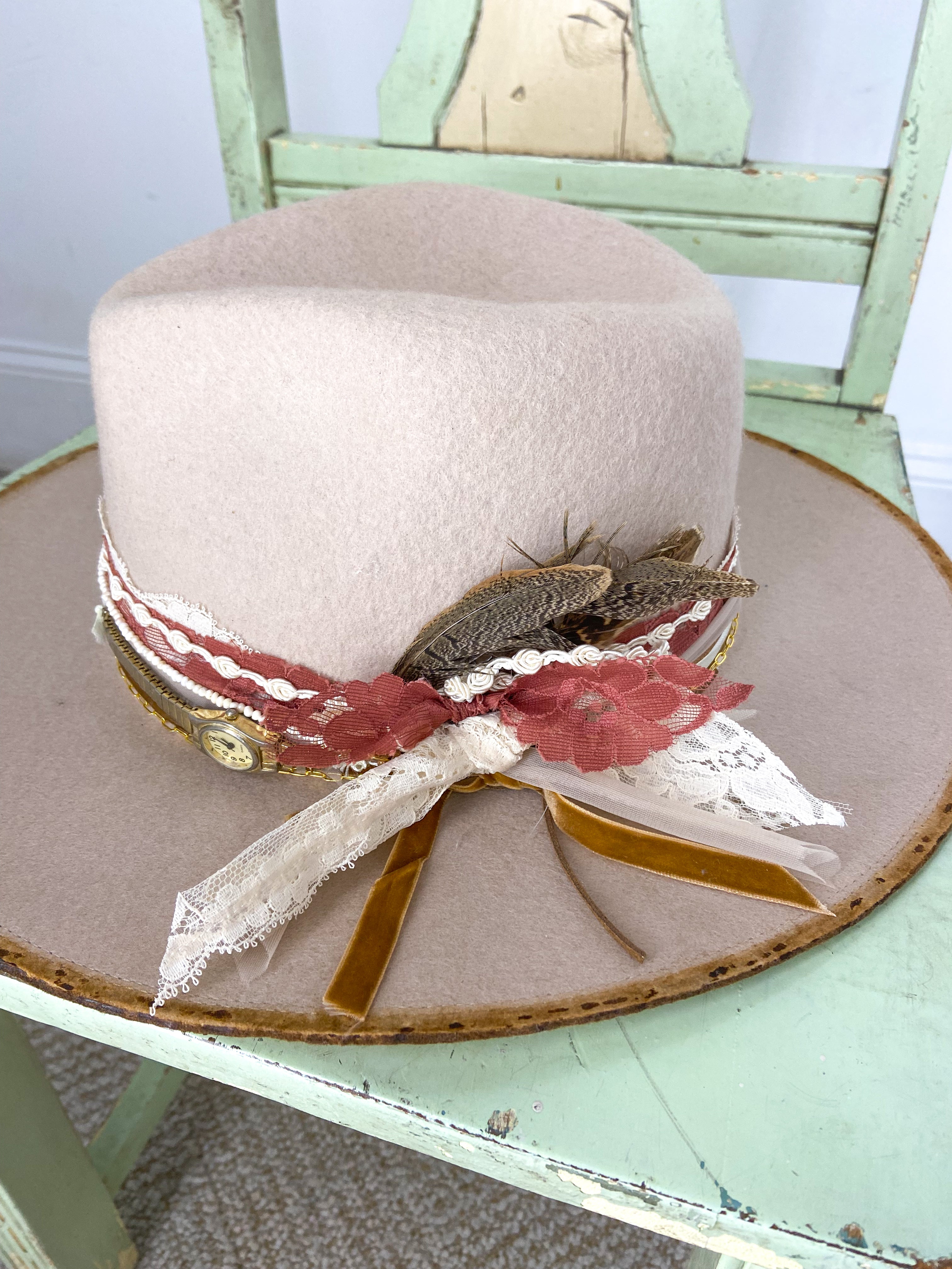OOAK DISTRESSED 100% WOOL LACE TRIM HAT