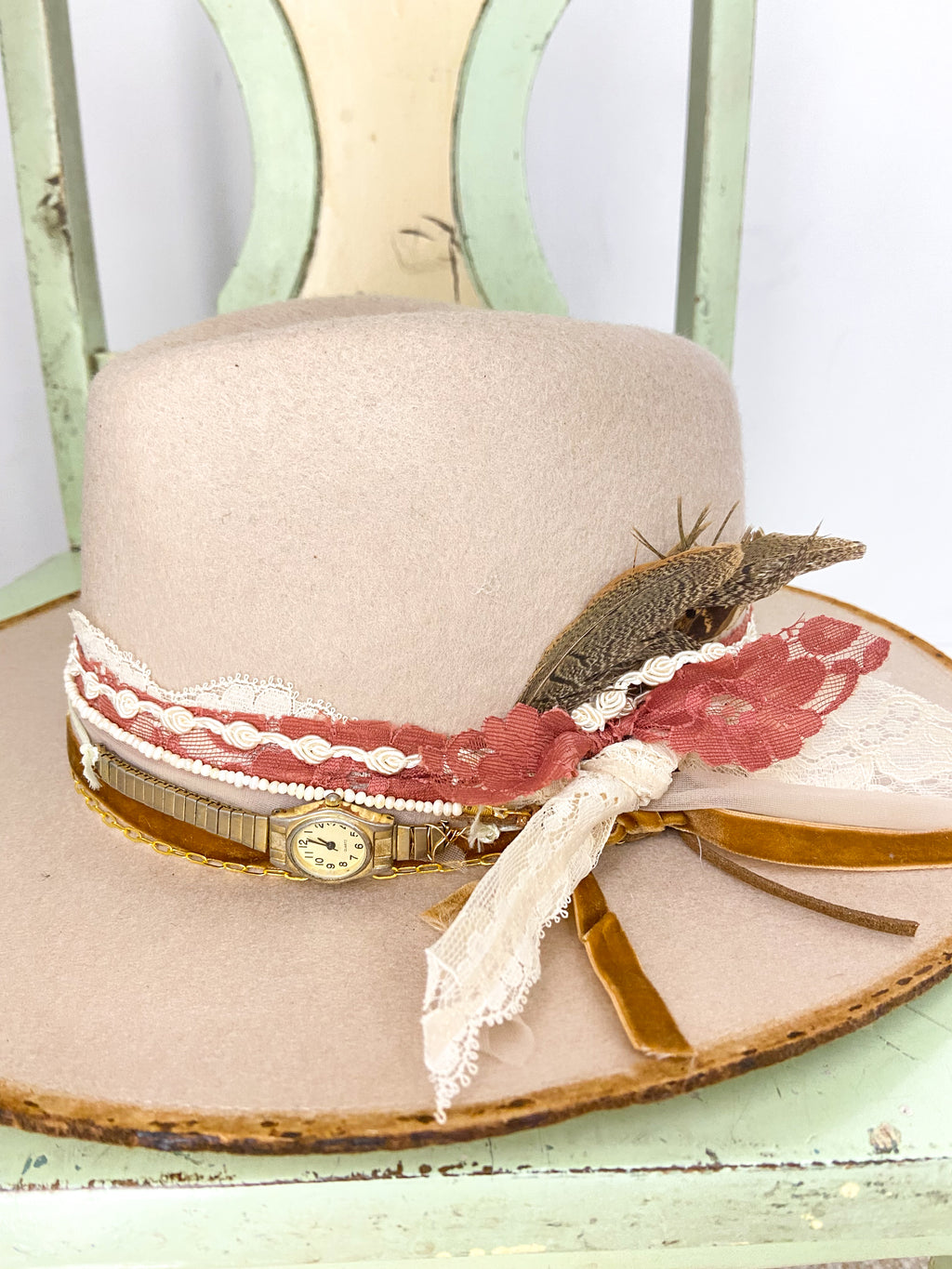 OOAK DISTRESSED 100% WOOL LACE TRIM HAT