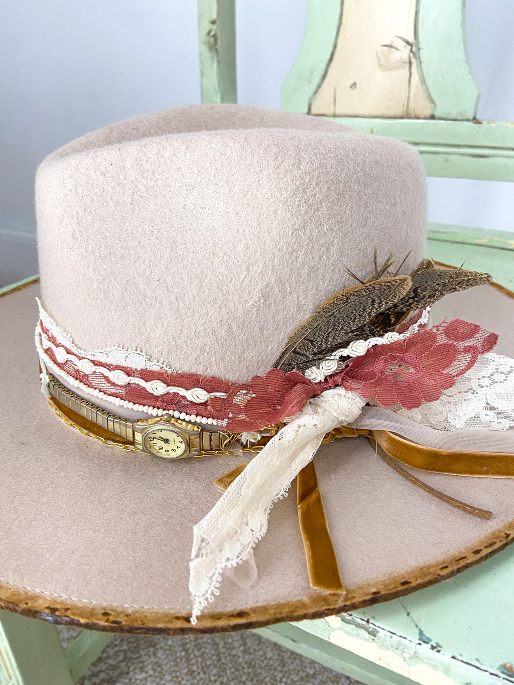 OOAK DISTRESSED 100% WOOL LACE TRIM HAT