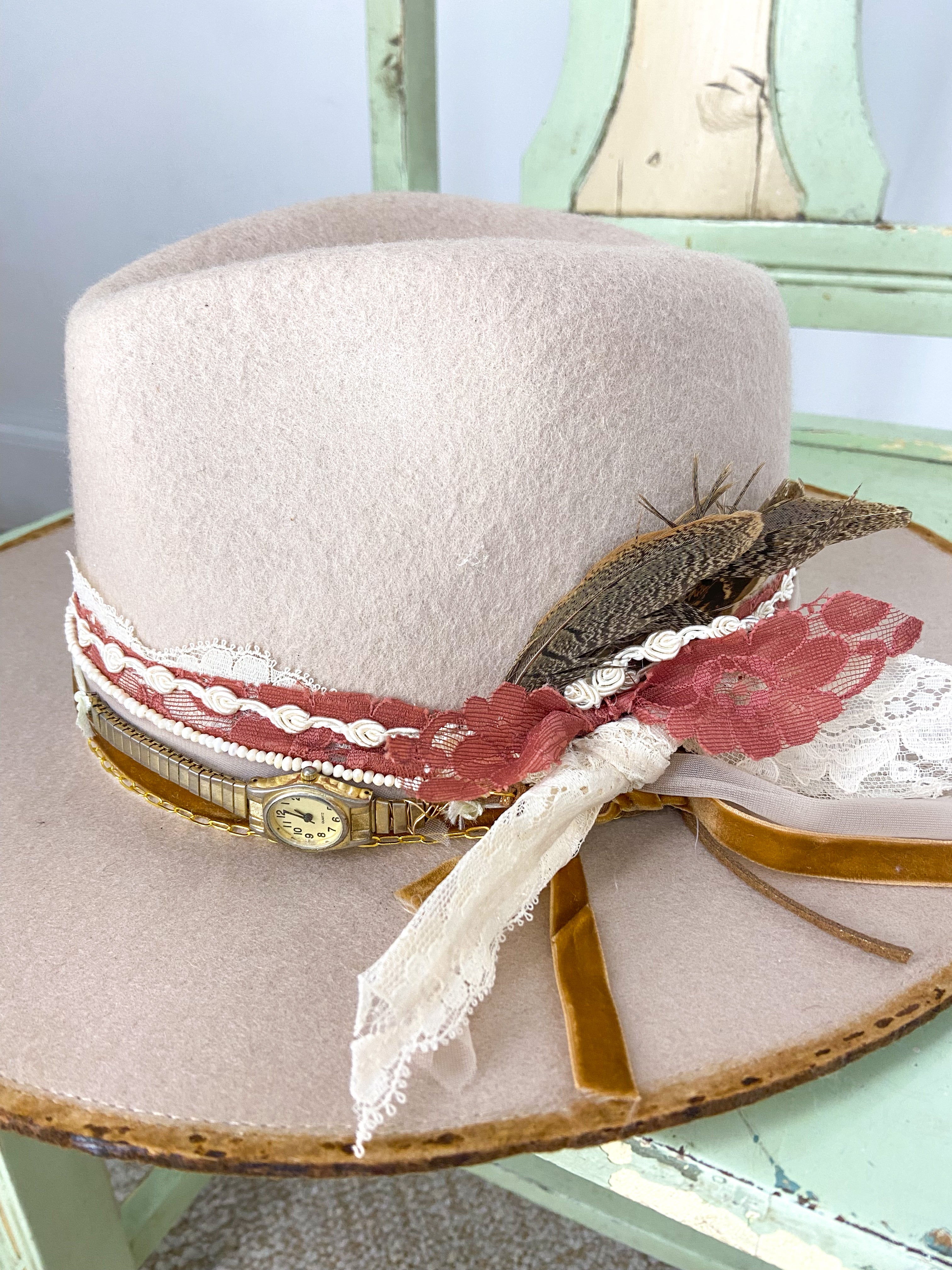 OOAK DISTRESSED 100% WOOL LACE TRIM HAT