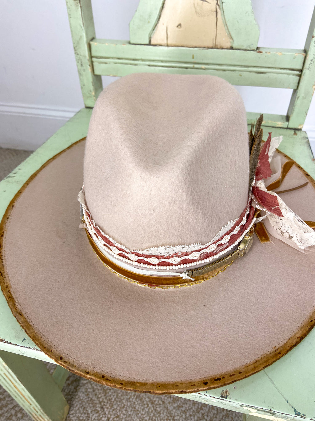 OOAK DISTRESSED 100% WOOL LACE TRIM HAT