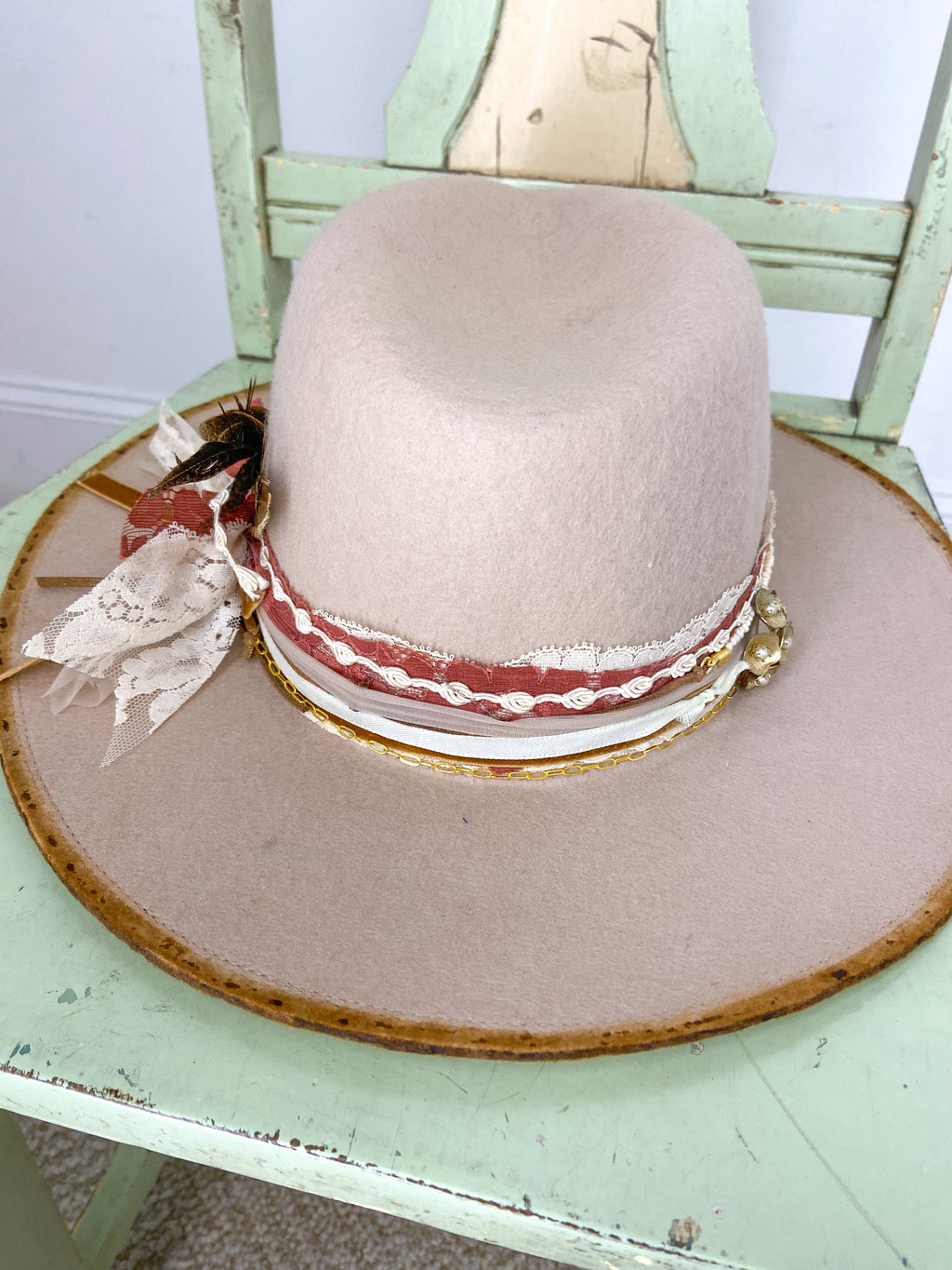OOAK DISTRESSED 100% WOOL LACE TRIM HAT