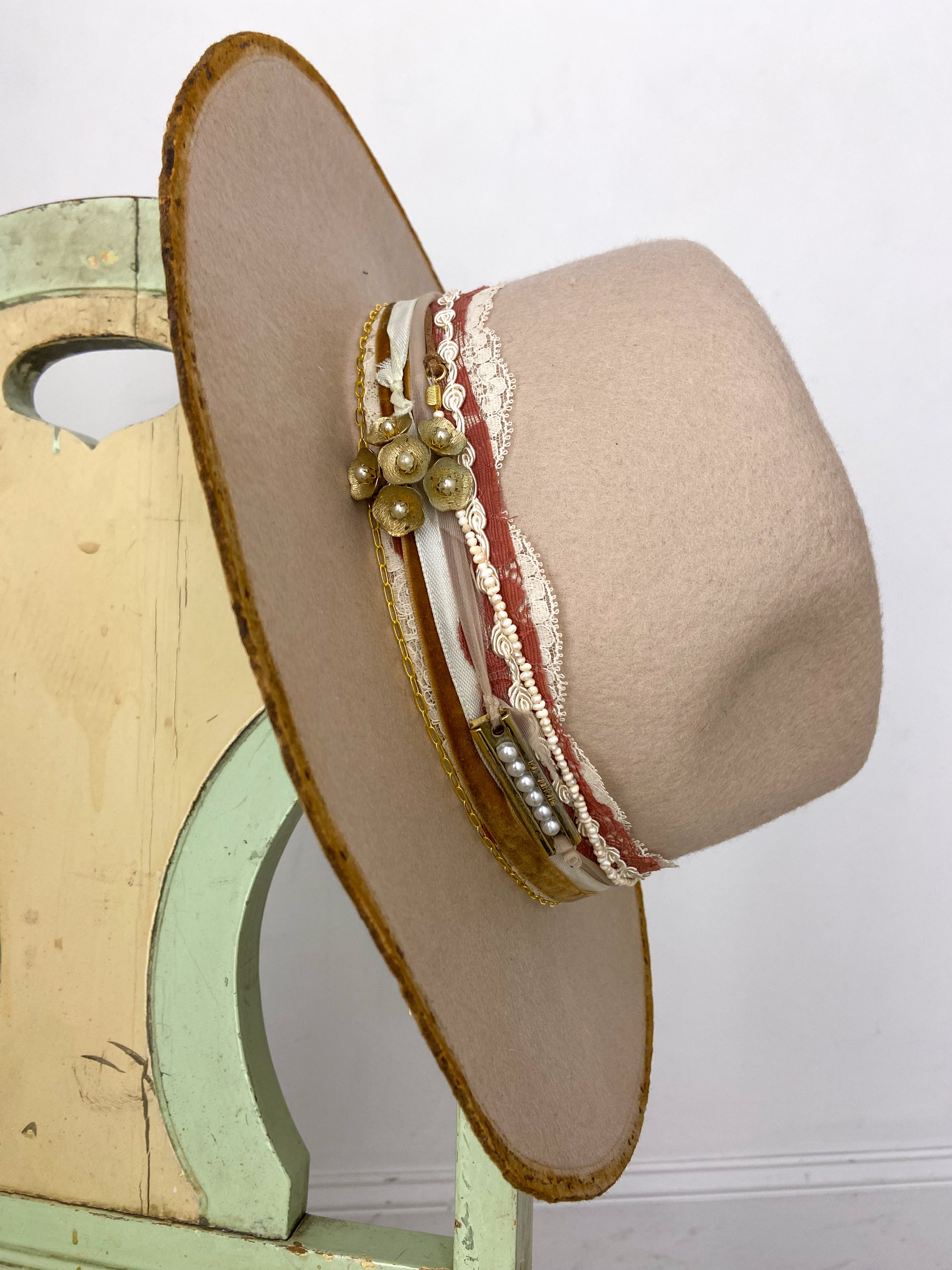 OOAK DISTRESSED 100% WOOL LACE TRIM HAT