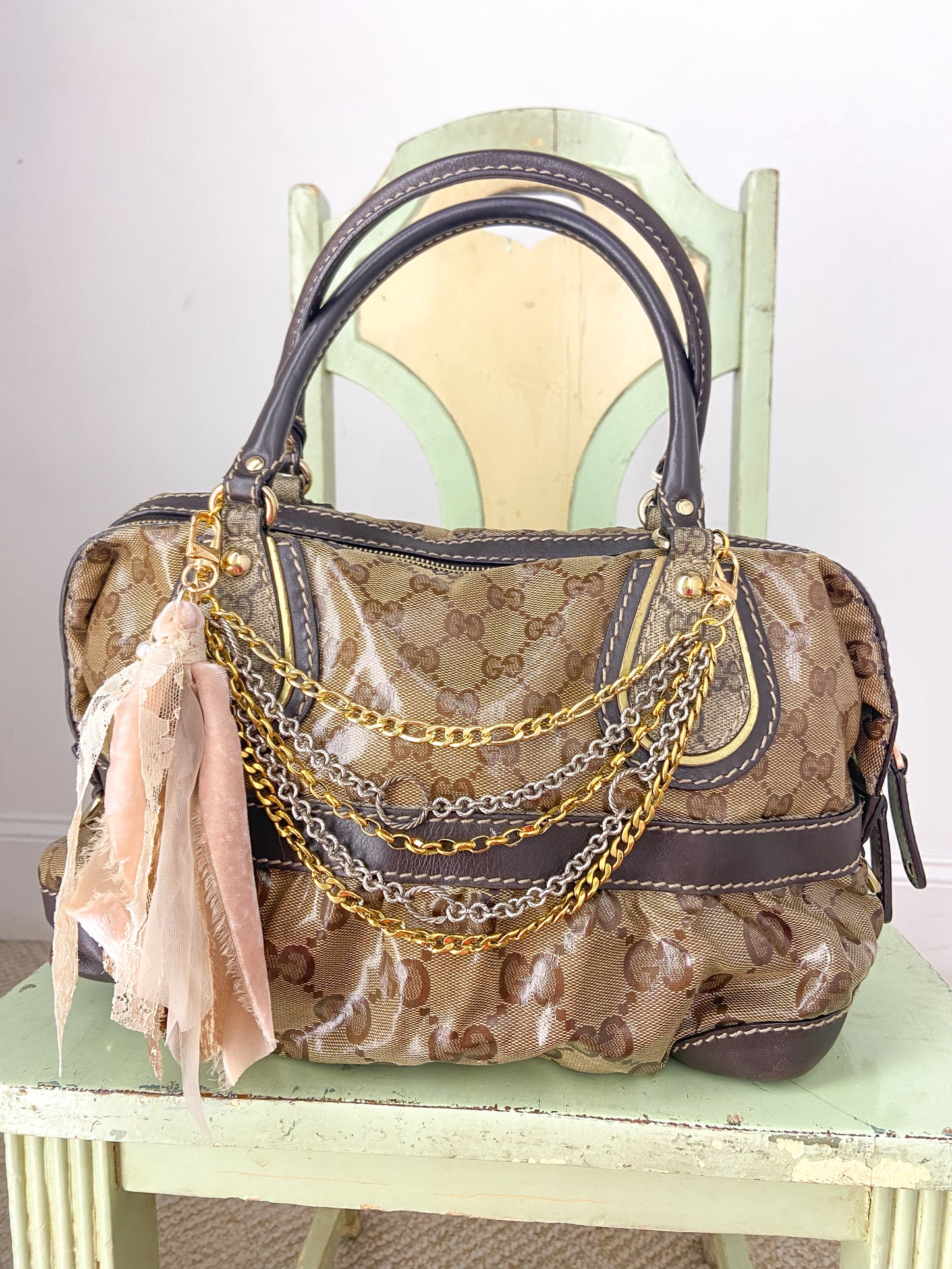 OOAK Vintage Gucci Purse with Chains and Ribbon Charm