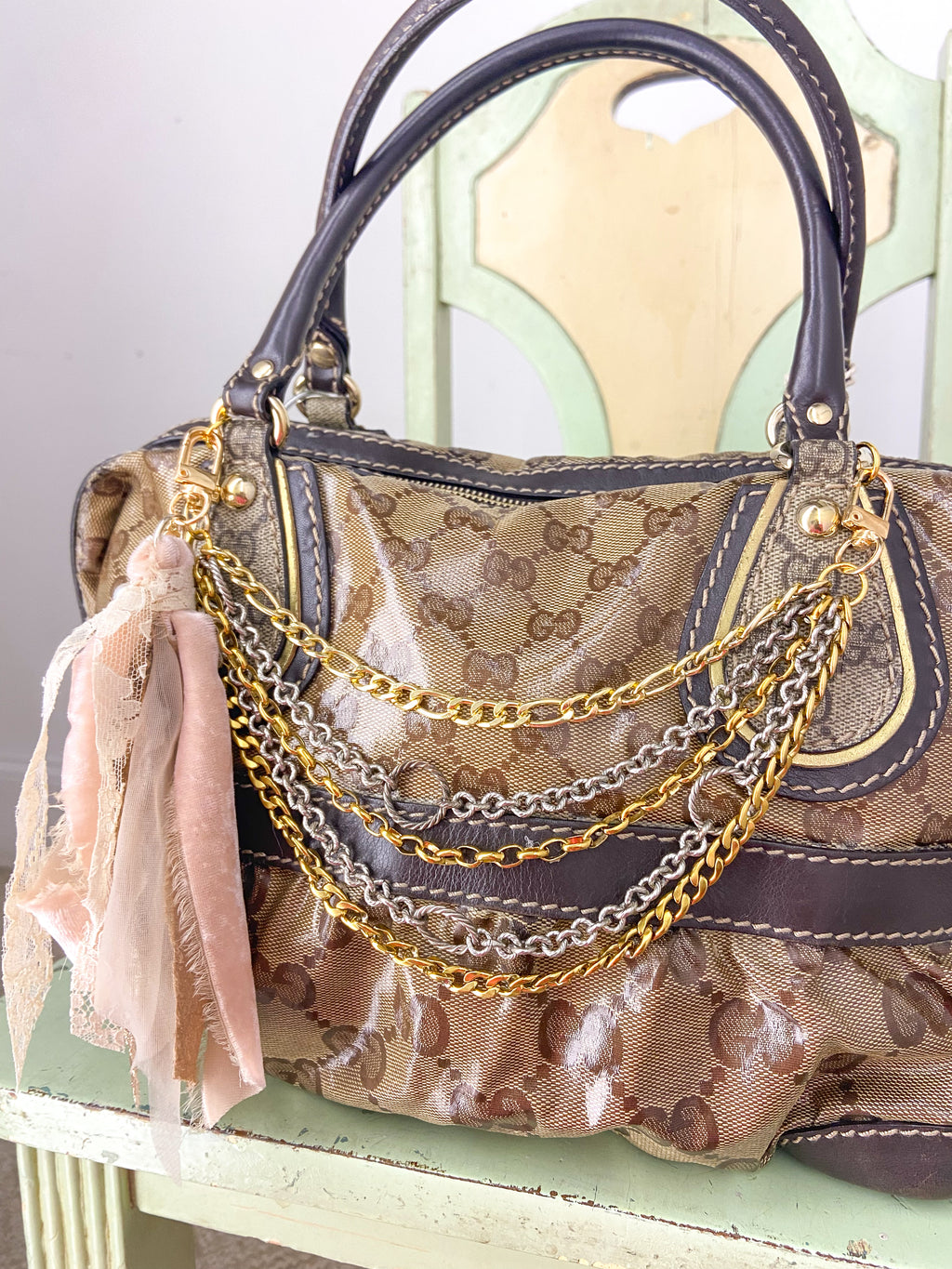 OOAK Vintage Gucci Purse with Chains and Ribbon Charm