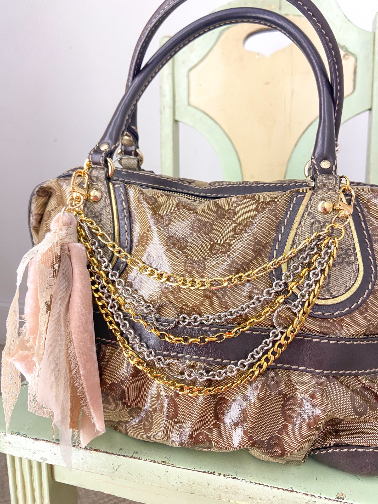 OOAK Vintage Gucci Purse with Chains and Ribbon Charm