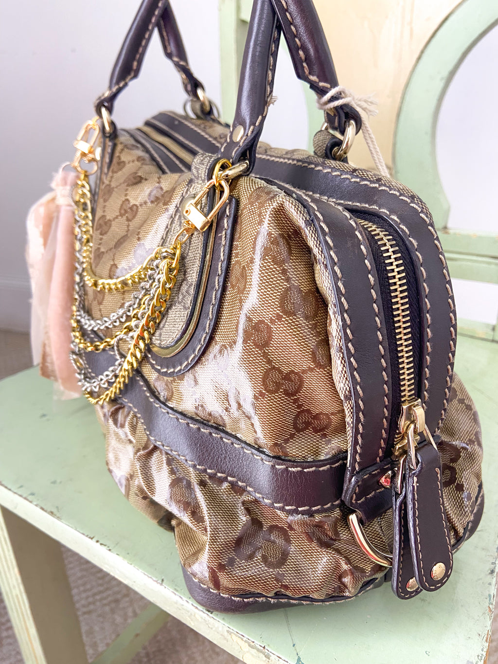 OOAK Vintage Gucci Purse with Chains and Ribbon Charm
