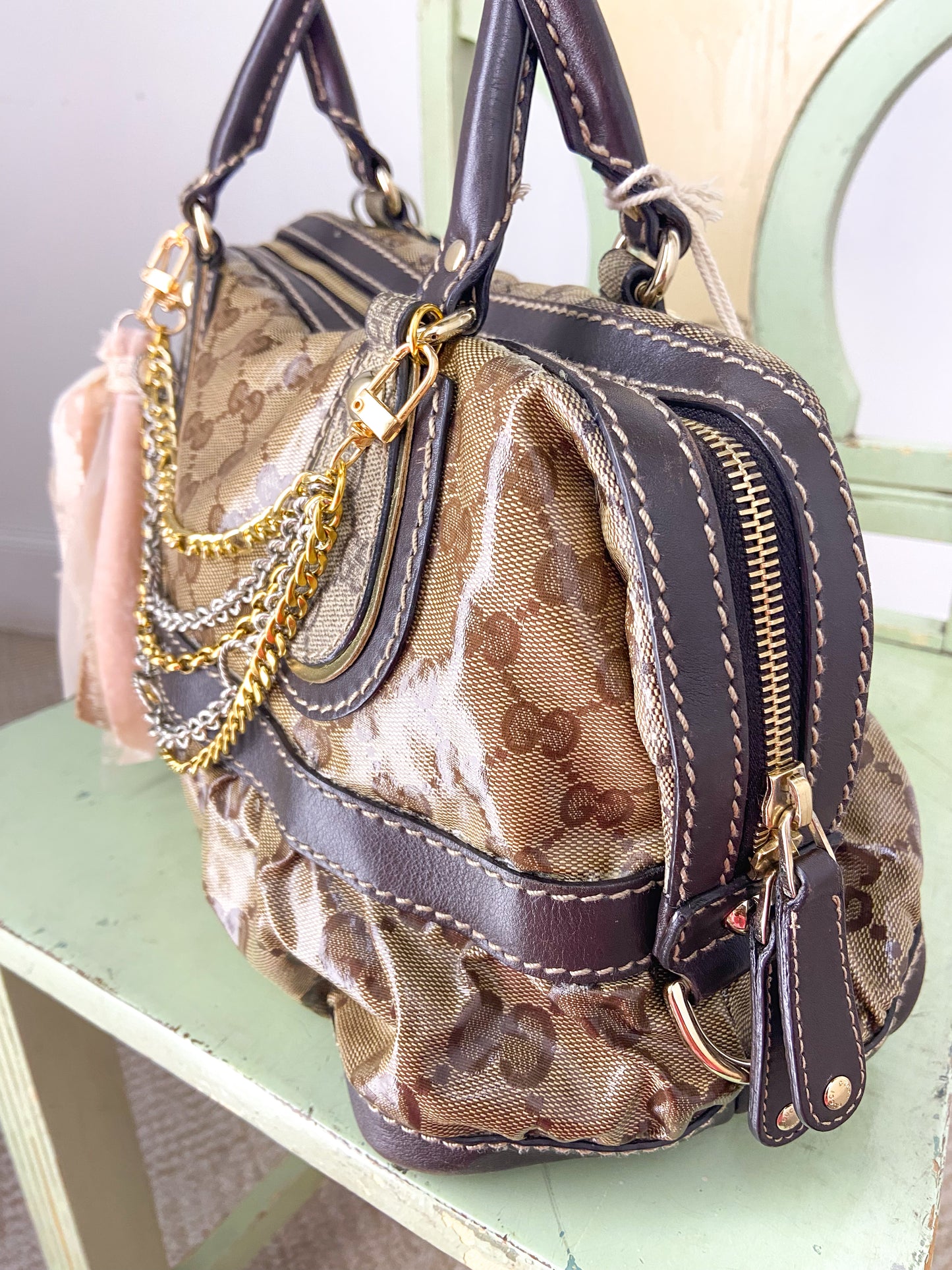 OOAK Vintage Gucci Purse with Chains and Ribbon Charm