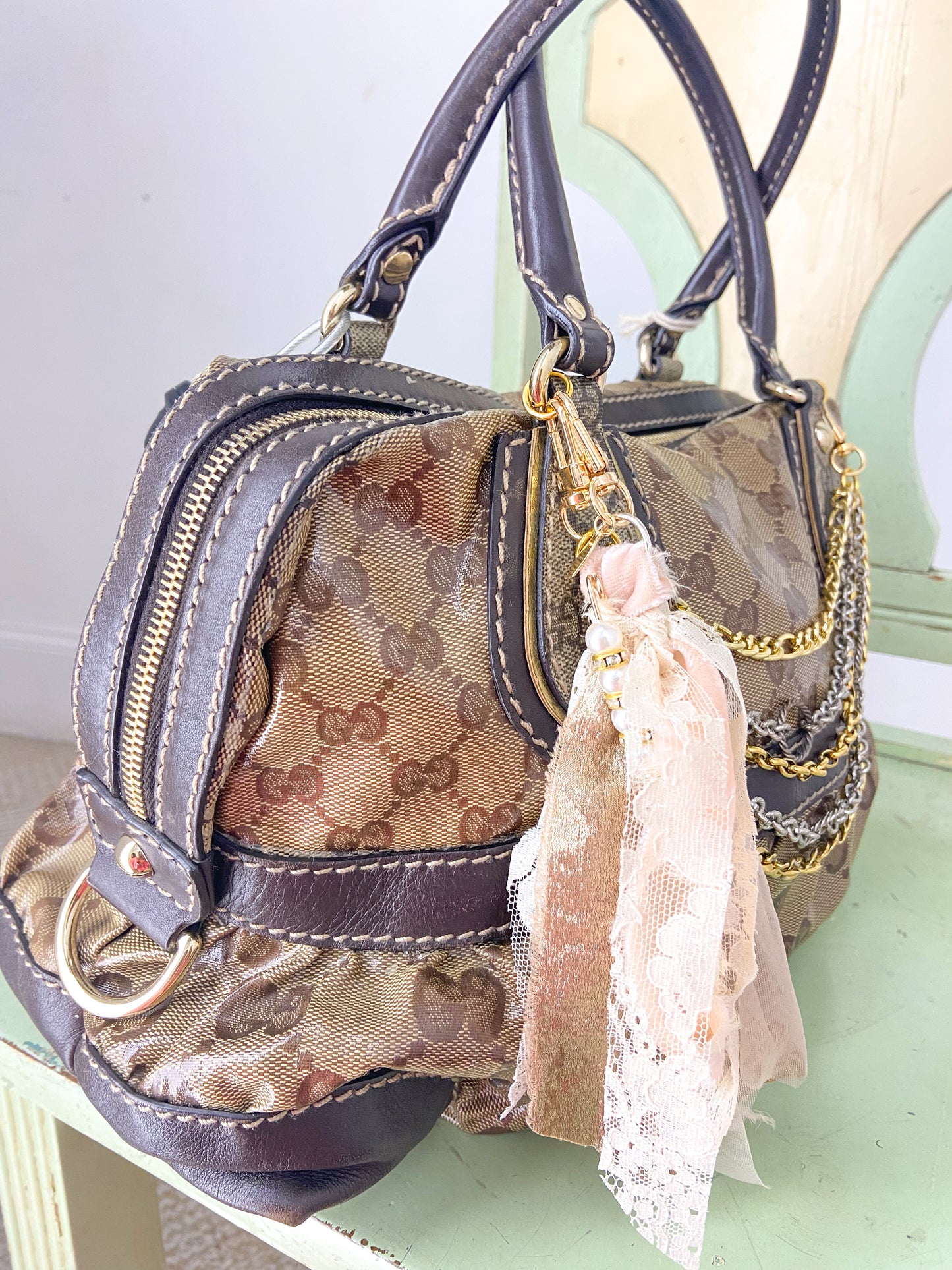 OOAK Vintage Gucci Purse with Chains and Ribbon Charm