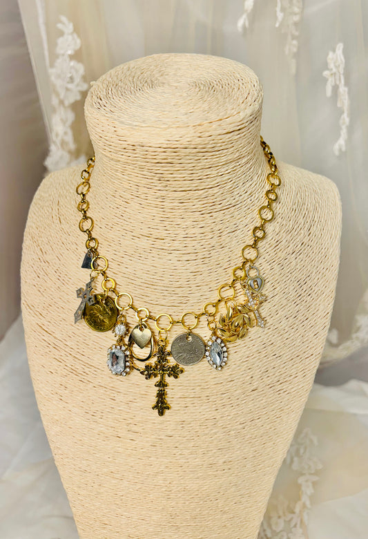 OOAK Vintage Cross and Earring Charm Remix Necklace