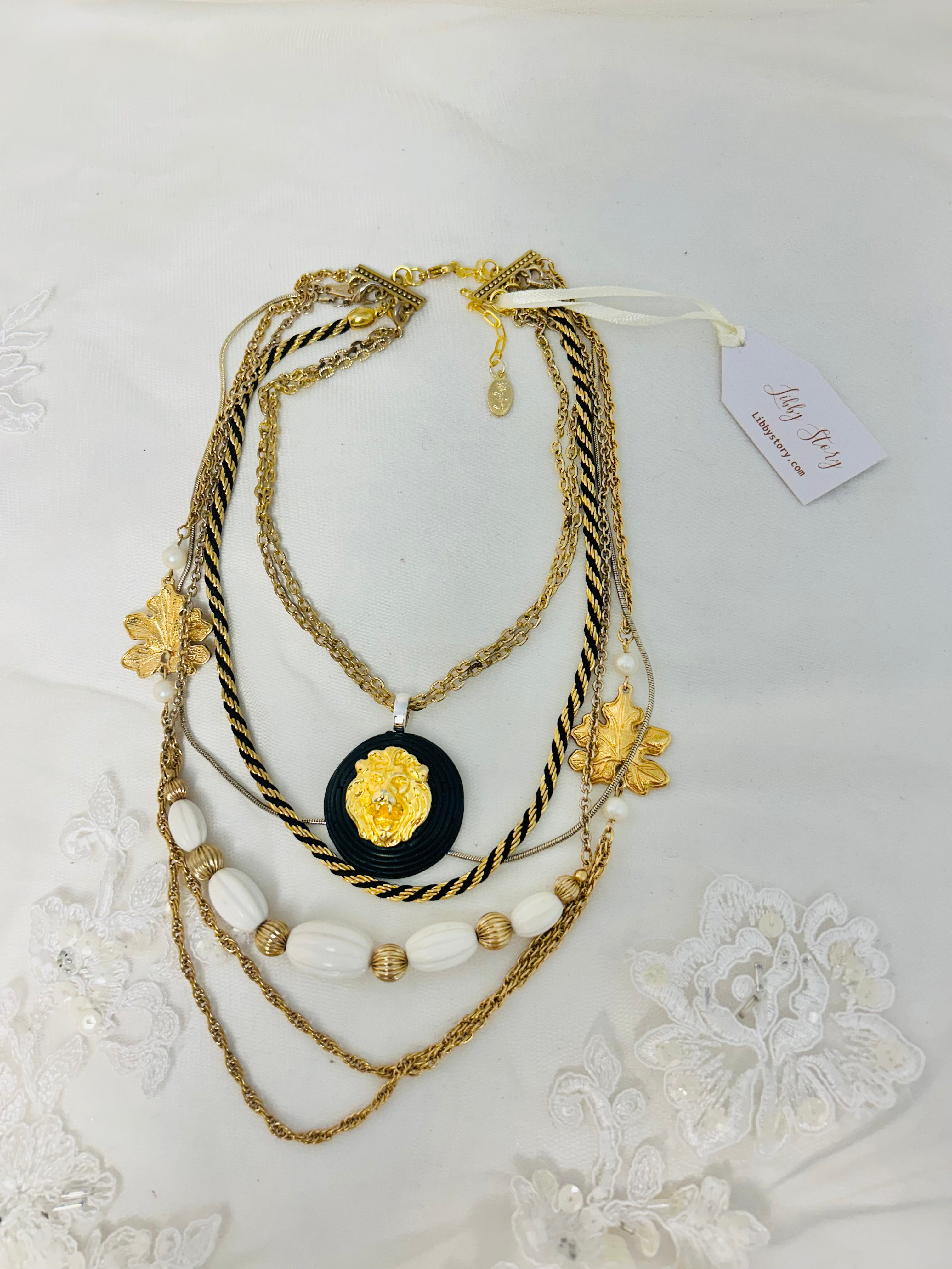 OOAK Vintage Mixed Chains Lion Pendant Necklace
