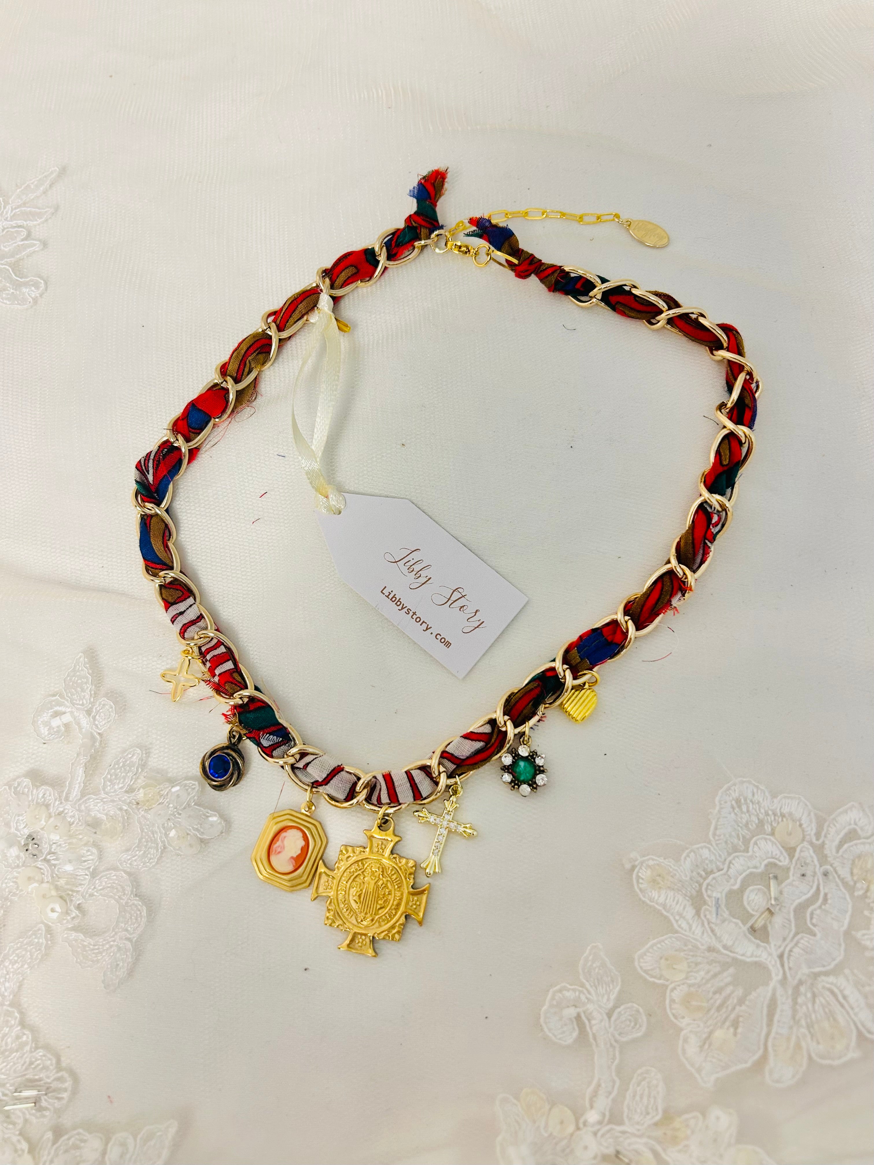 OOAK Fabric and Chain Charm Necklace