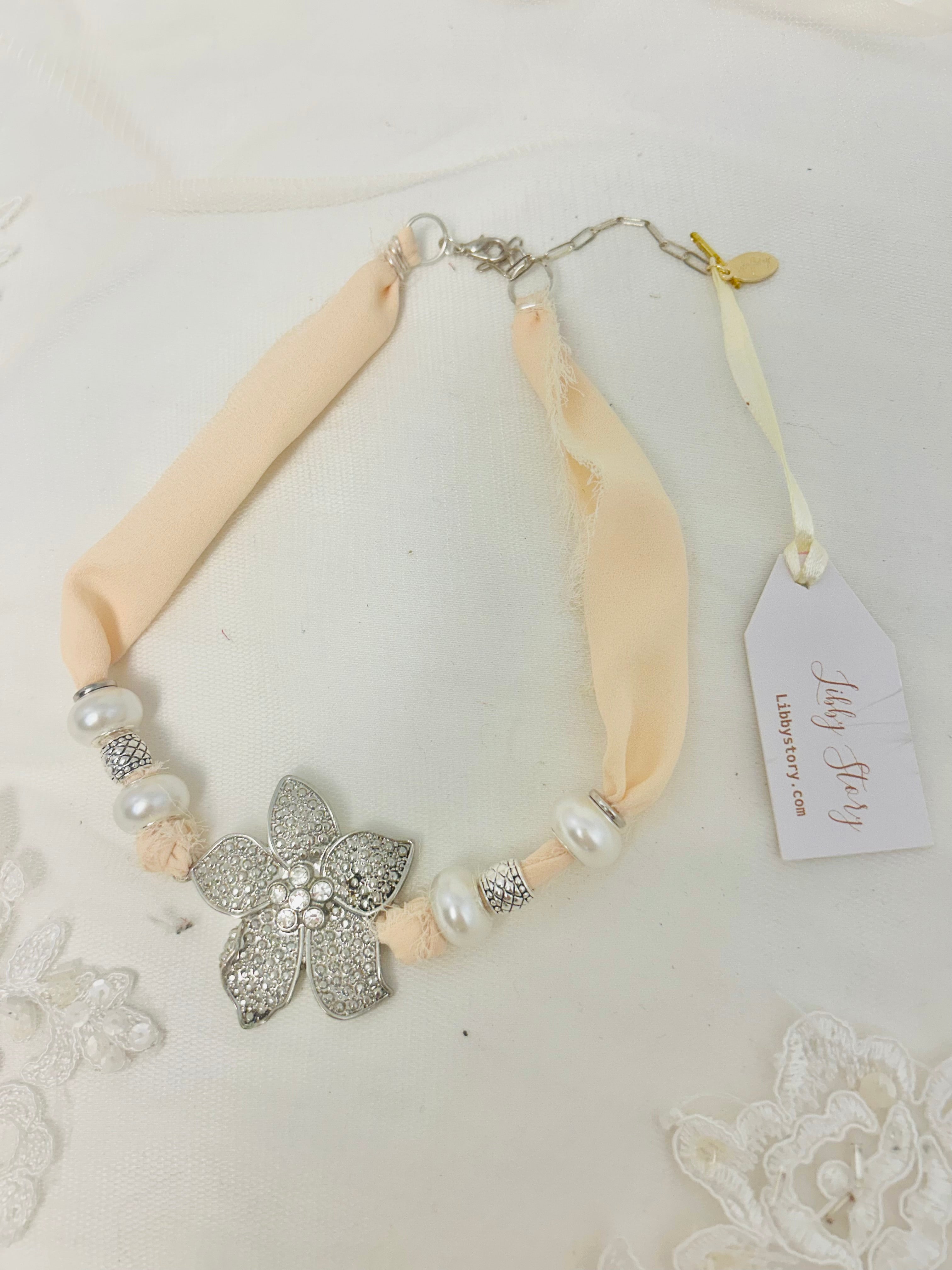 OOAK Vintage Flower Pendant and Frayed Ribbon Choker