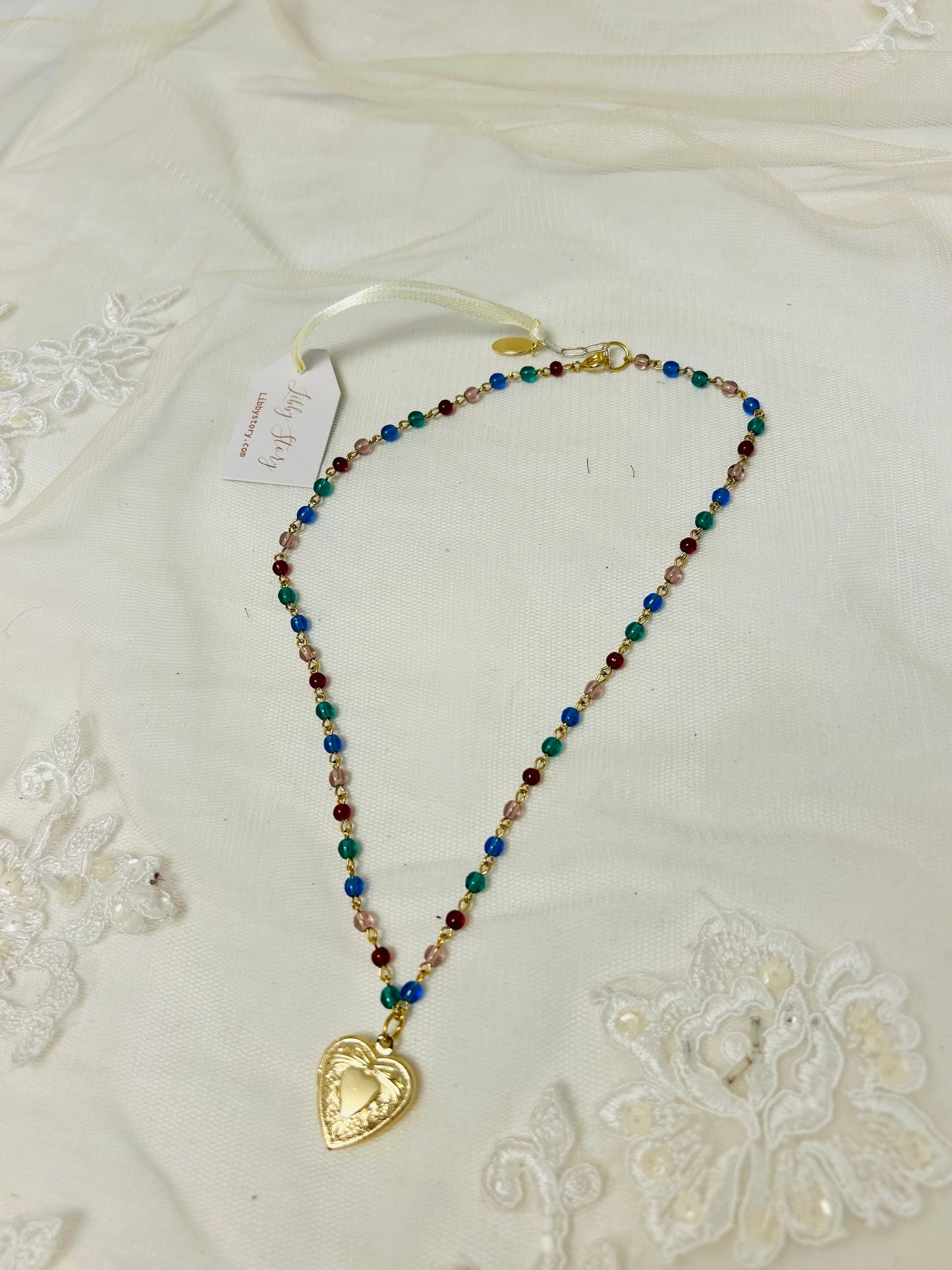 Colorful Beaded Necklace with Heart Locket