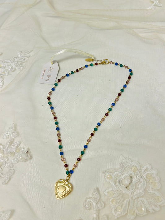 Colorful Beaded Necklace with Heart Locket