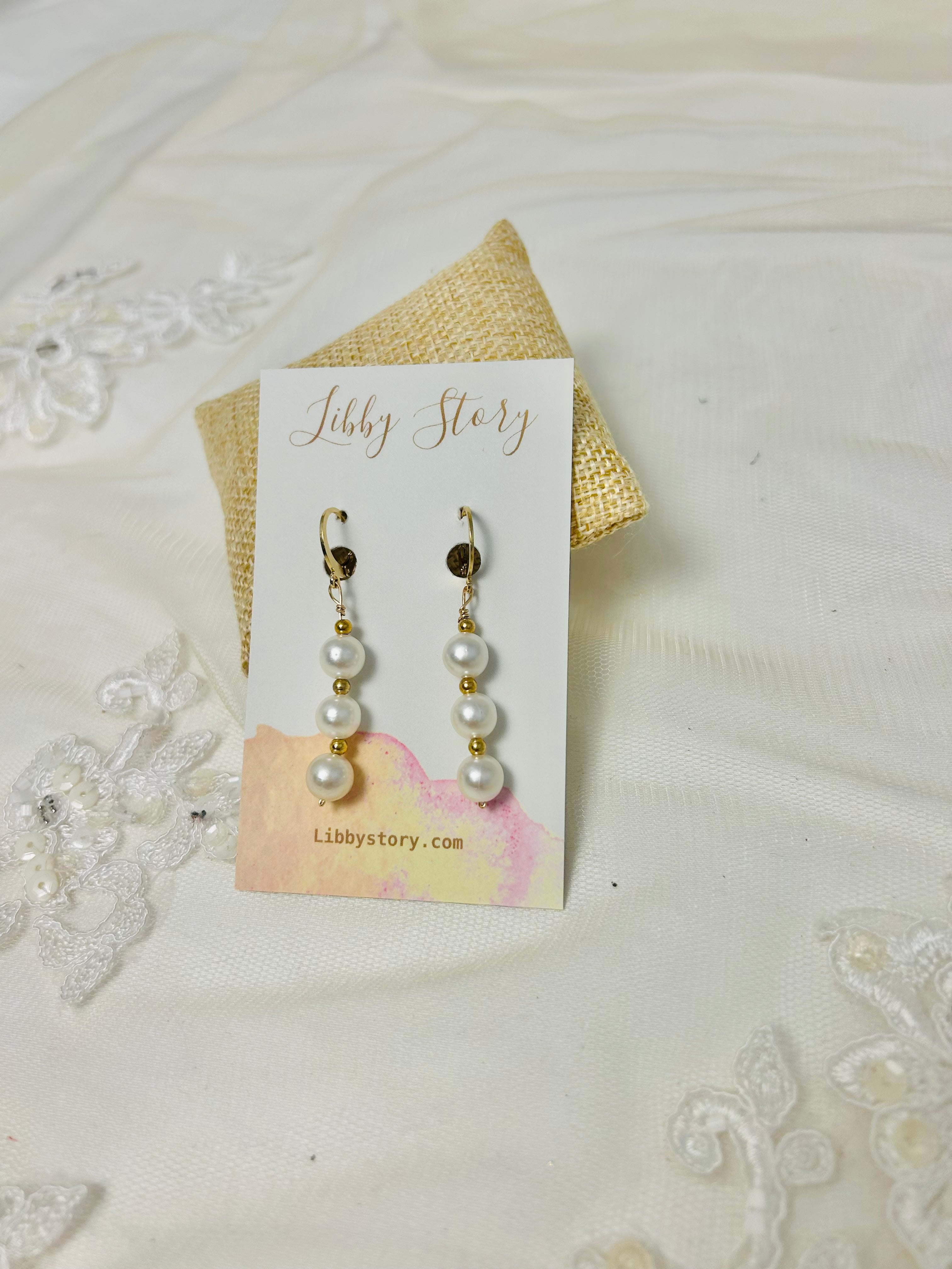 Pearl/Gold Long Huggie Earrings