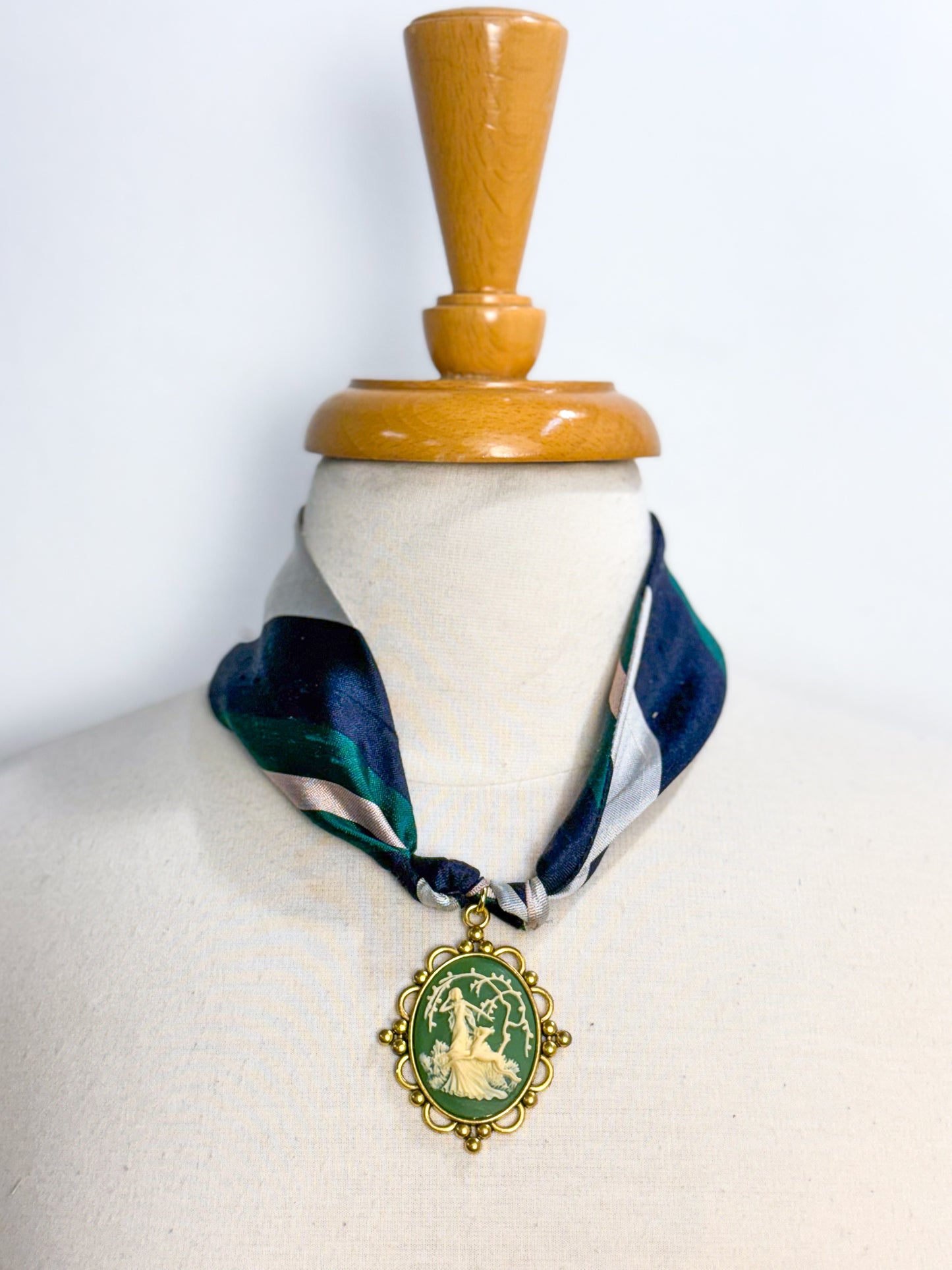 OOAK Vintage Silk Stripe Tie Cameo Necklace