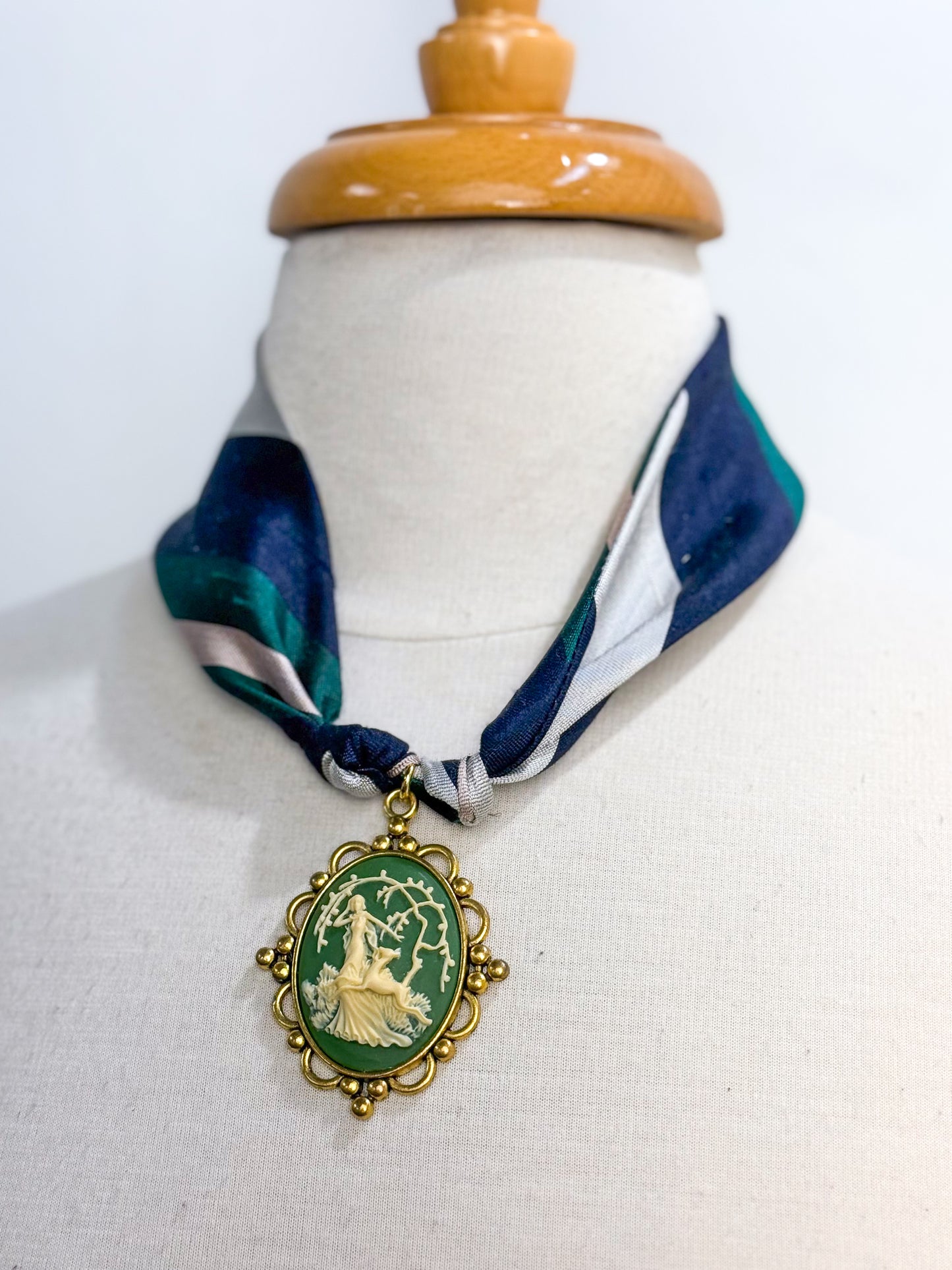 OOAK Vintage Silk Stripe Tie Cameo Necklace