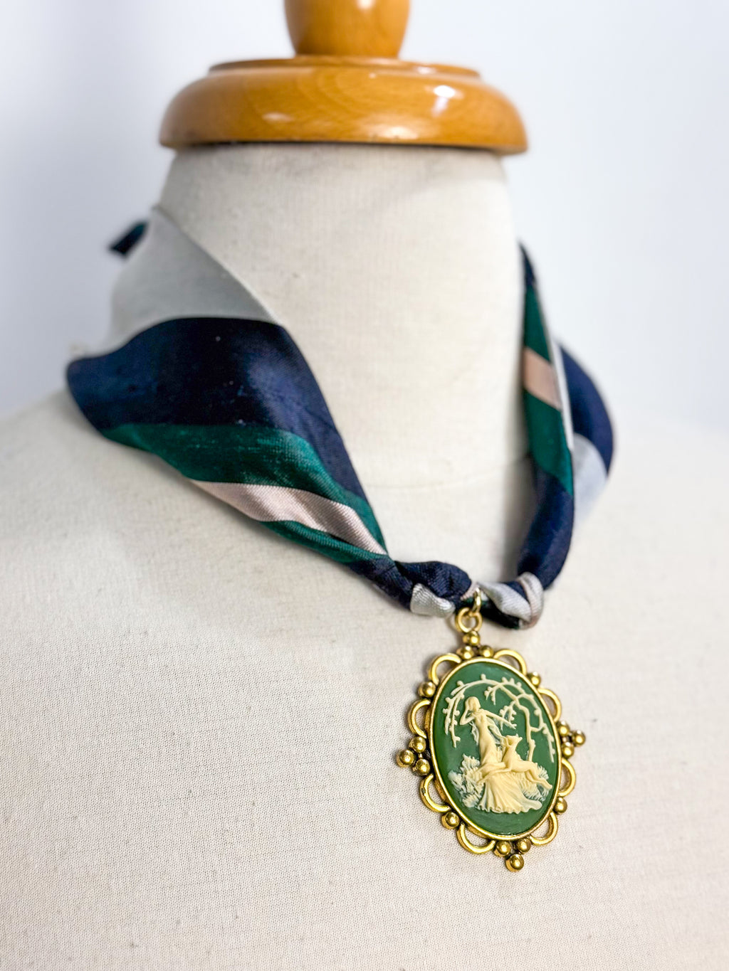 OOAK Vintage Silk Stripe Tie Cameo Necklace