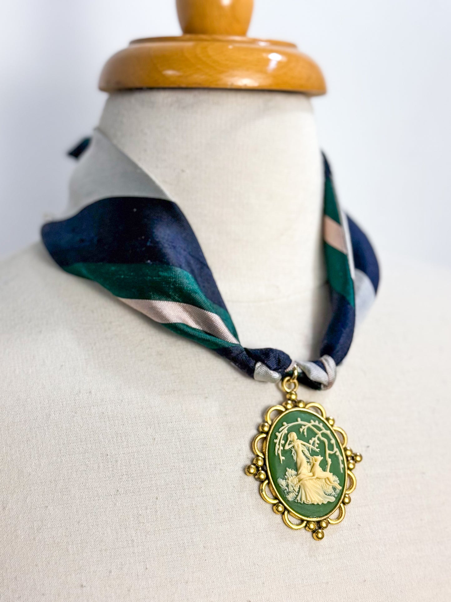 OOAK Vintage Silk Stripe Tie Cameo Necklace