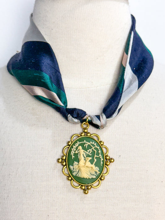 OOAK Vintage Silk Stripe Tie Cameo Necklace