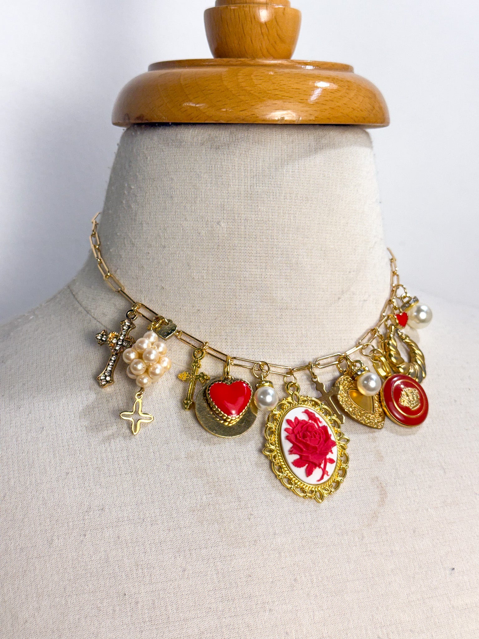 OOAK Red Pearl Charm Necklace